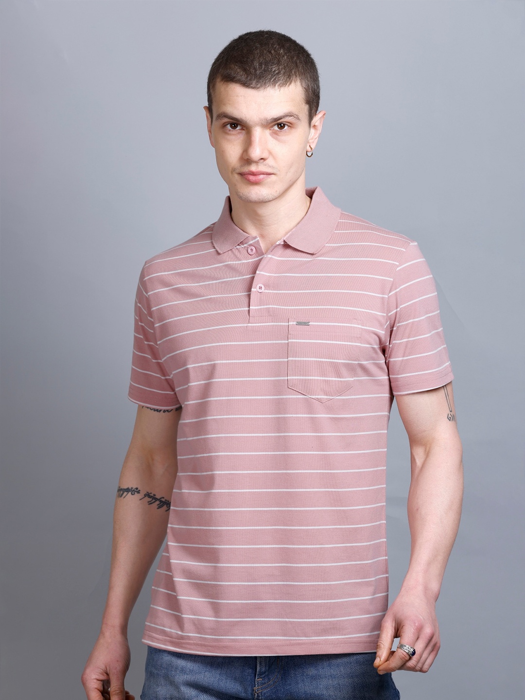 

GODFREY Striped Polo Collar T-shirt, Pink