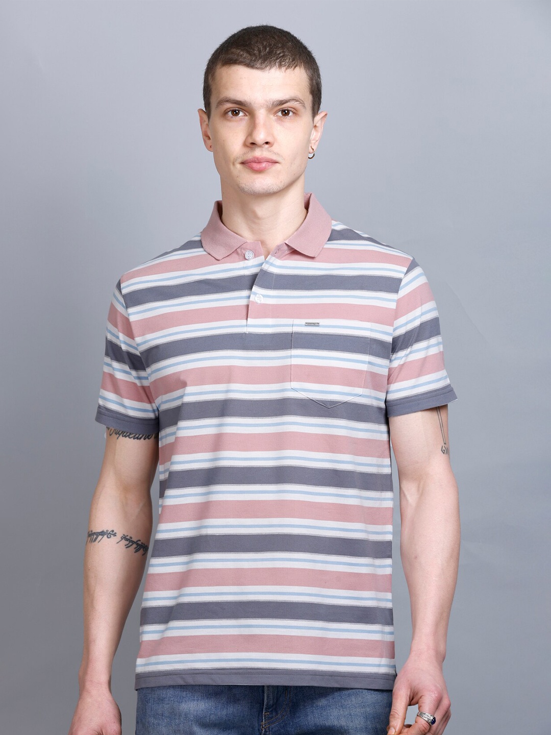 

GODFREY Striped Polo Collar T-shirt, Pink