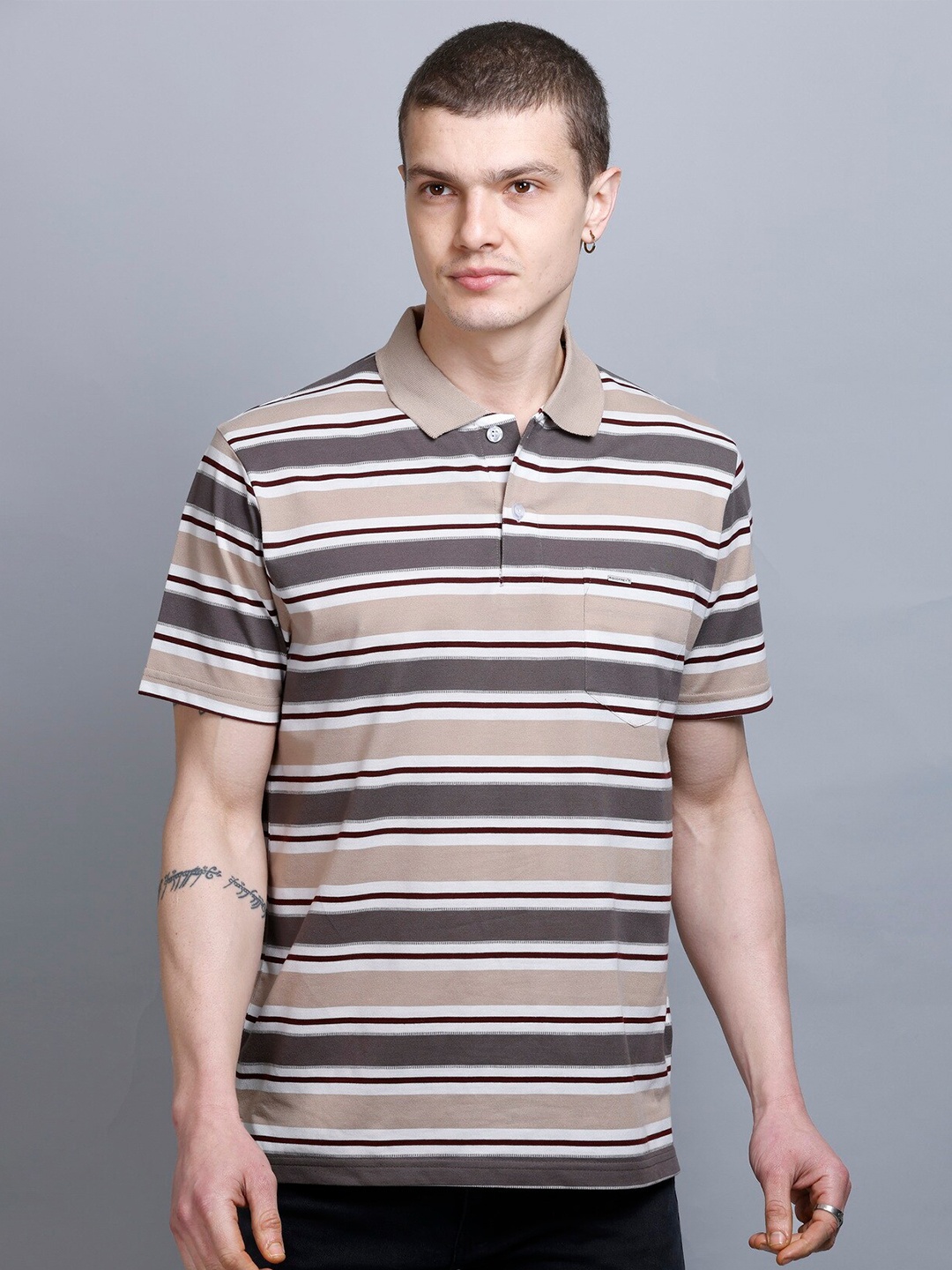 

GODFREY Striped Polo Collar T-shirt, Beige