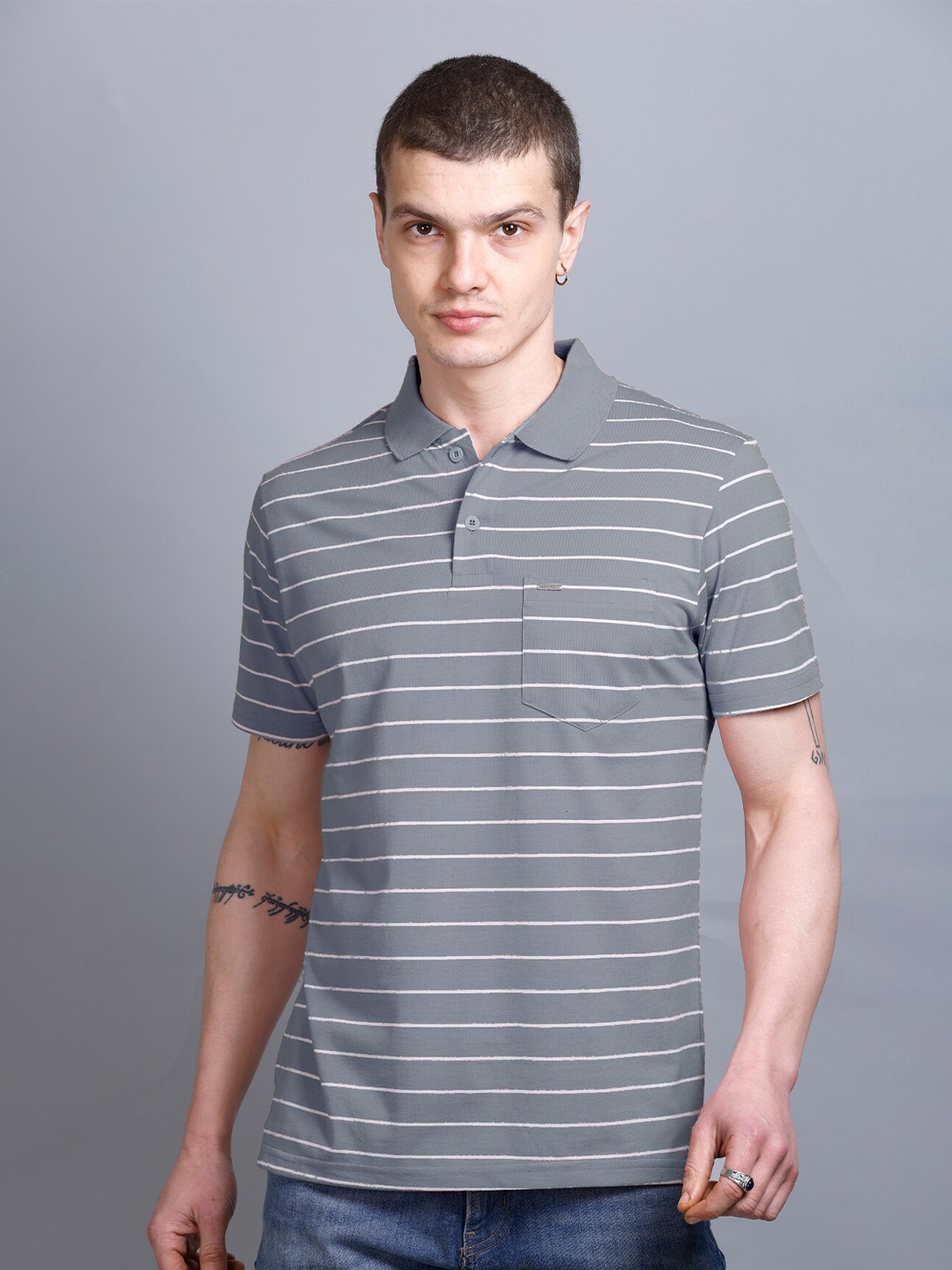 

GODFREY Striped Polo Collar T-shirt, Grey