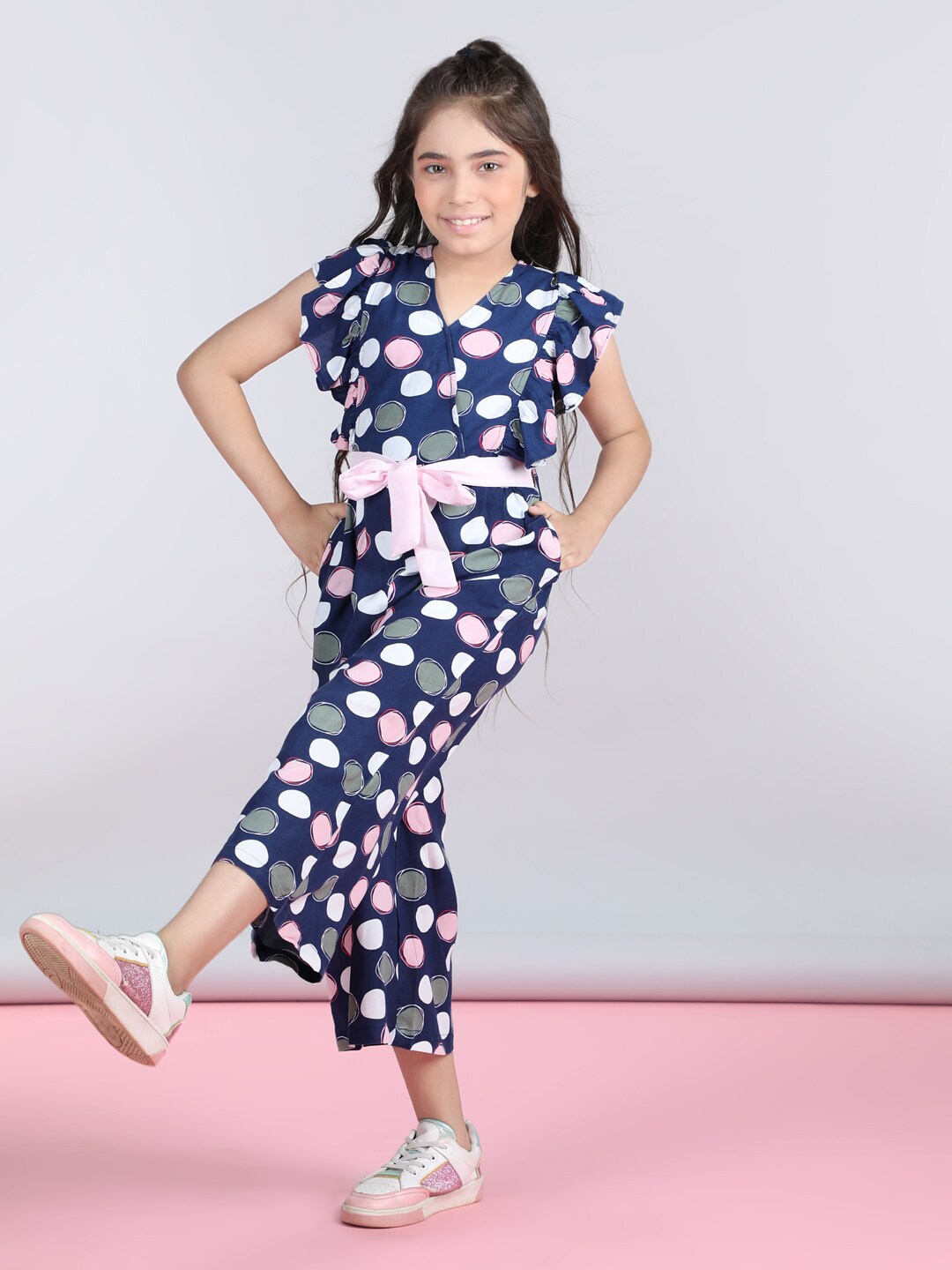 

StyleStone Girls Navy Blue Printed V-Neck Waist Tie Ups Cotton Basic Jumpsuit