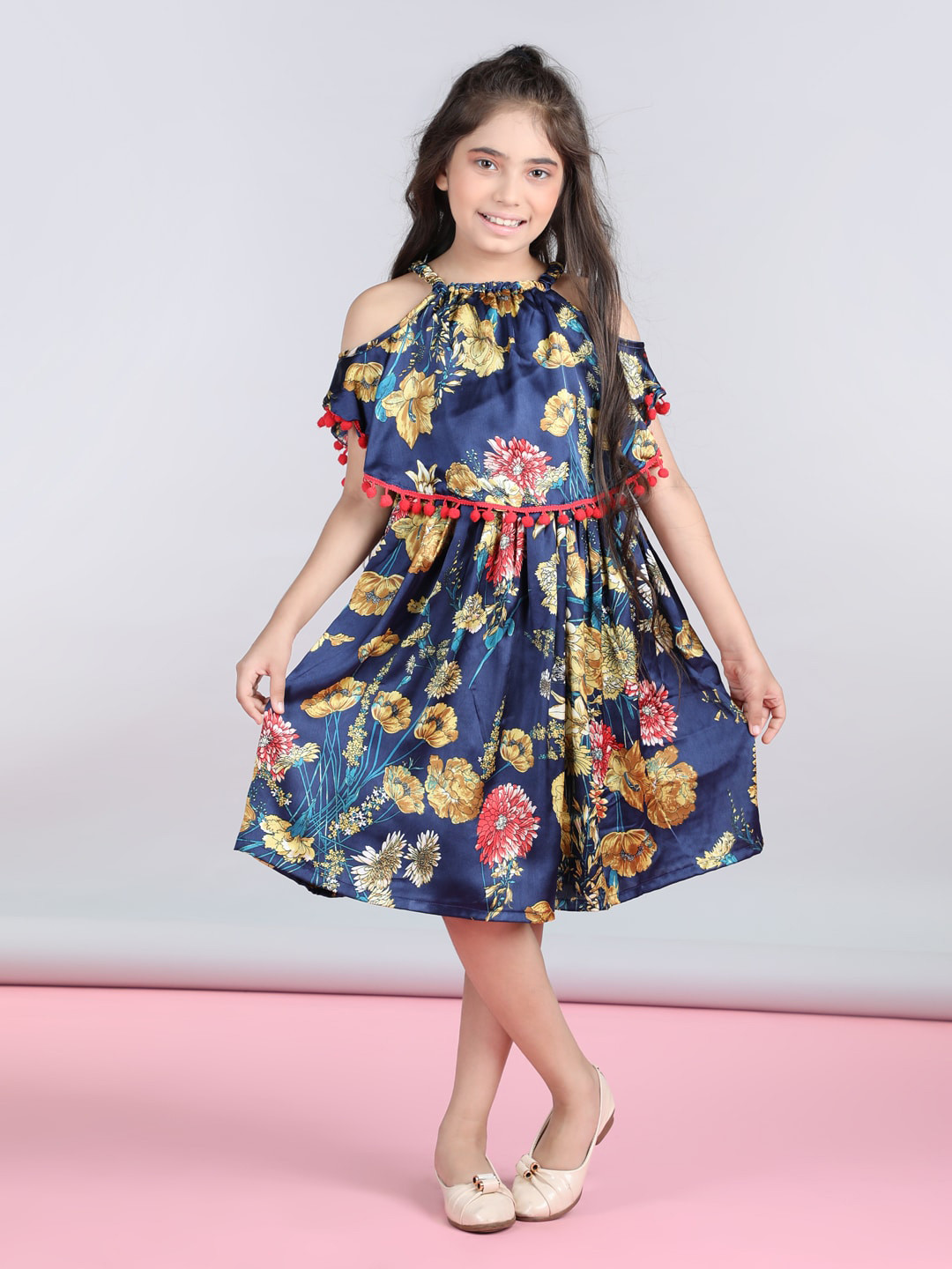 

StyleStone Girls Floral Printed Cape Sleeve Pom Pom Tie Up Satin A-Line Dress, Navy blue