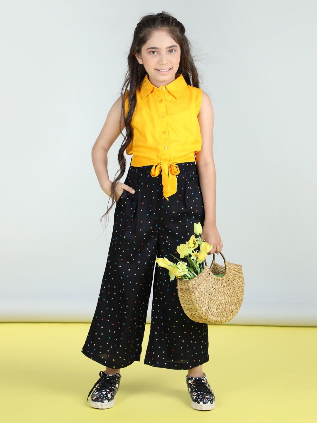 StyleStone Girls Yellow Colourblocked Waist Tie Ups Basic Jumpsuit