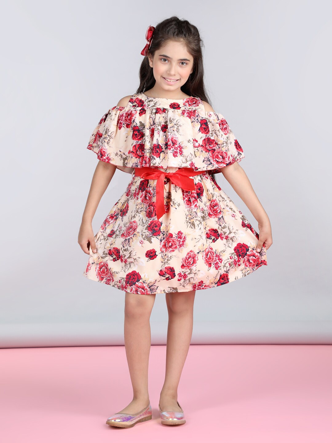 

StyleStone Girls Floral Printed Cape Sleeve Tie Up A-Line Dress, Red