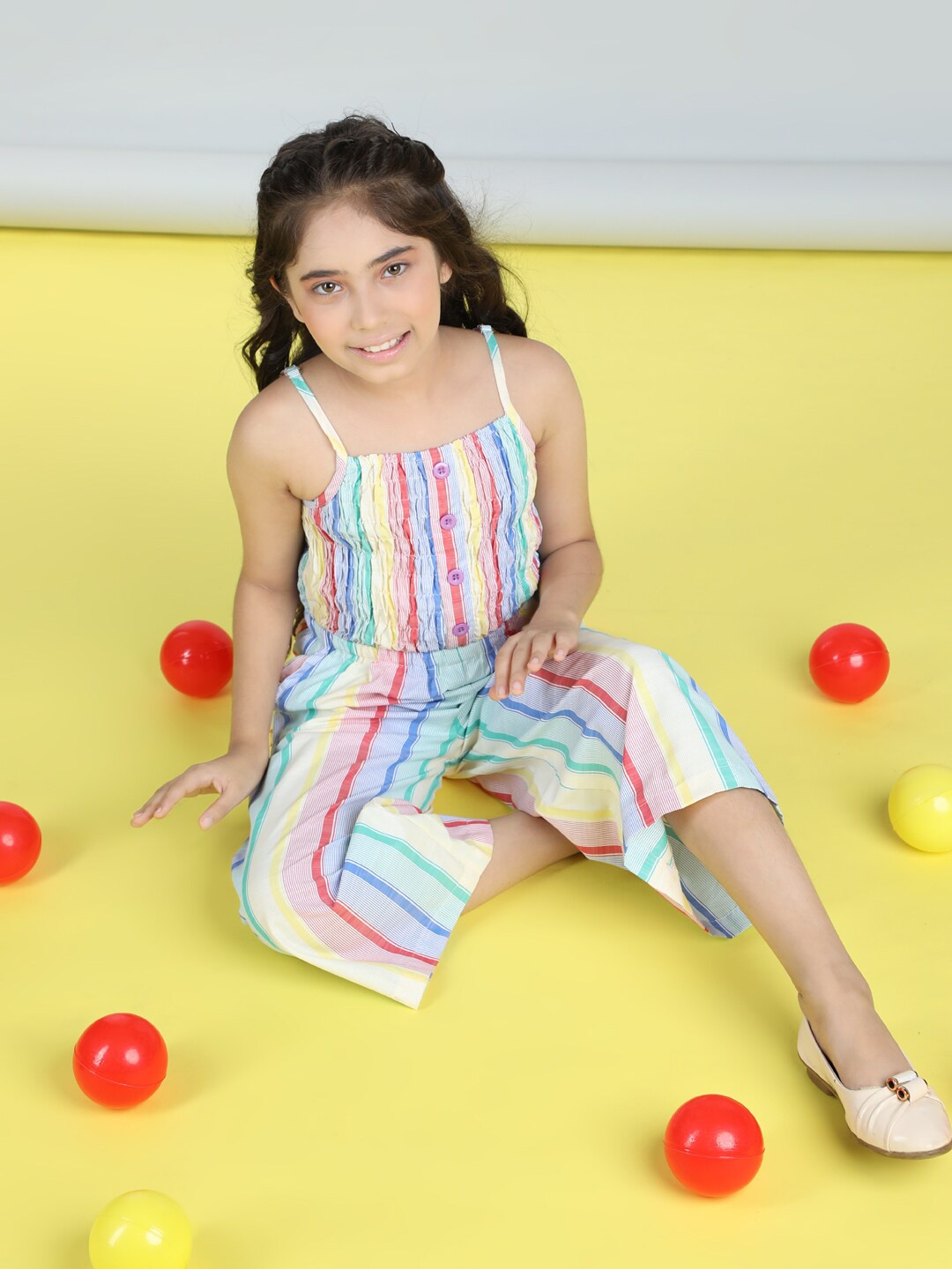 StyleStone Girls Blue Striped Shoulder Straps Smocking Cotton Basic Jumpsuit