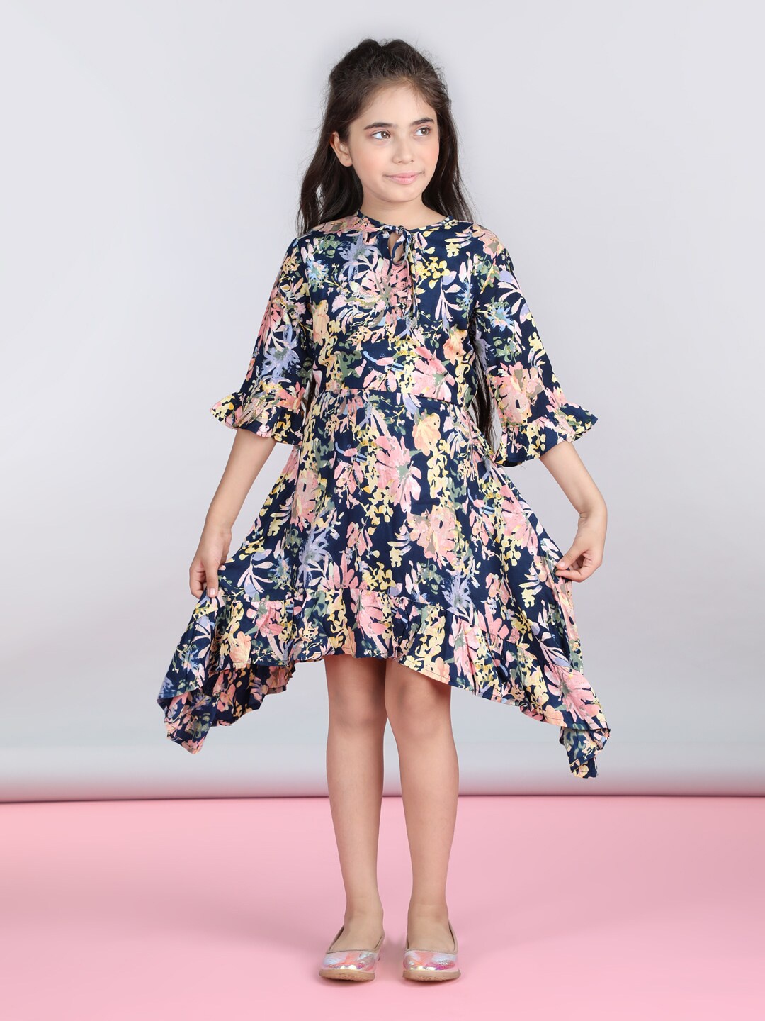 

StyleStone Girls Blue Floral Print A-Line Midi Dress, Navy blue