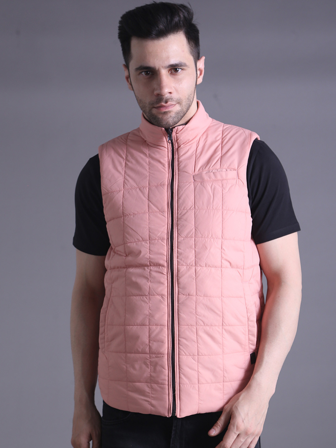 

SQUIREHOOD Mock Collar Sleeveless Reversible Quilted Jacket, Peach