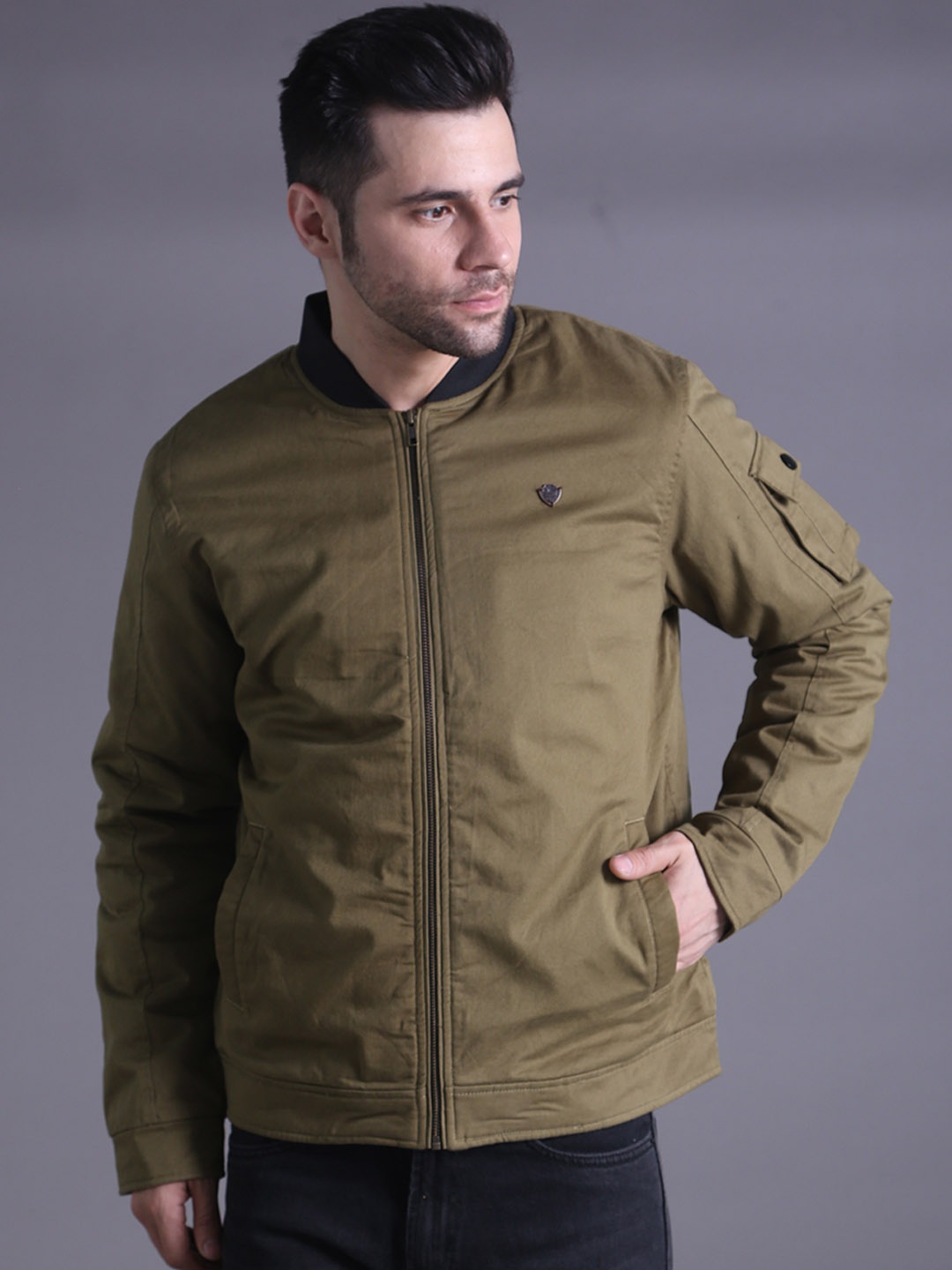 

SQUIREHOOD Mandarin Collar Cotton Outdoor Bomber Jacket, Olive