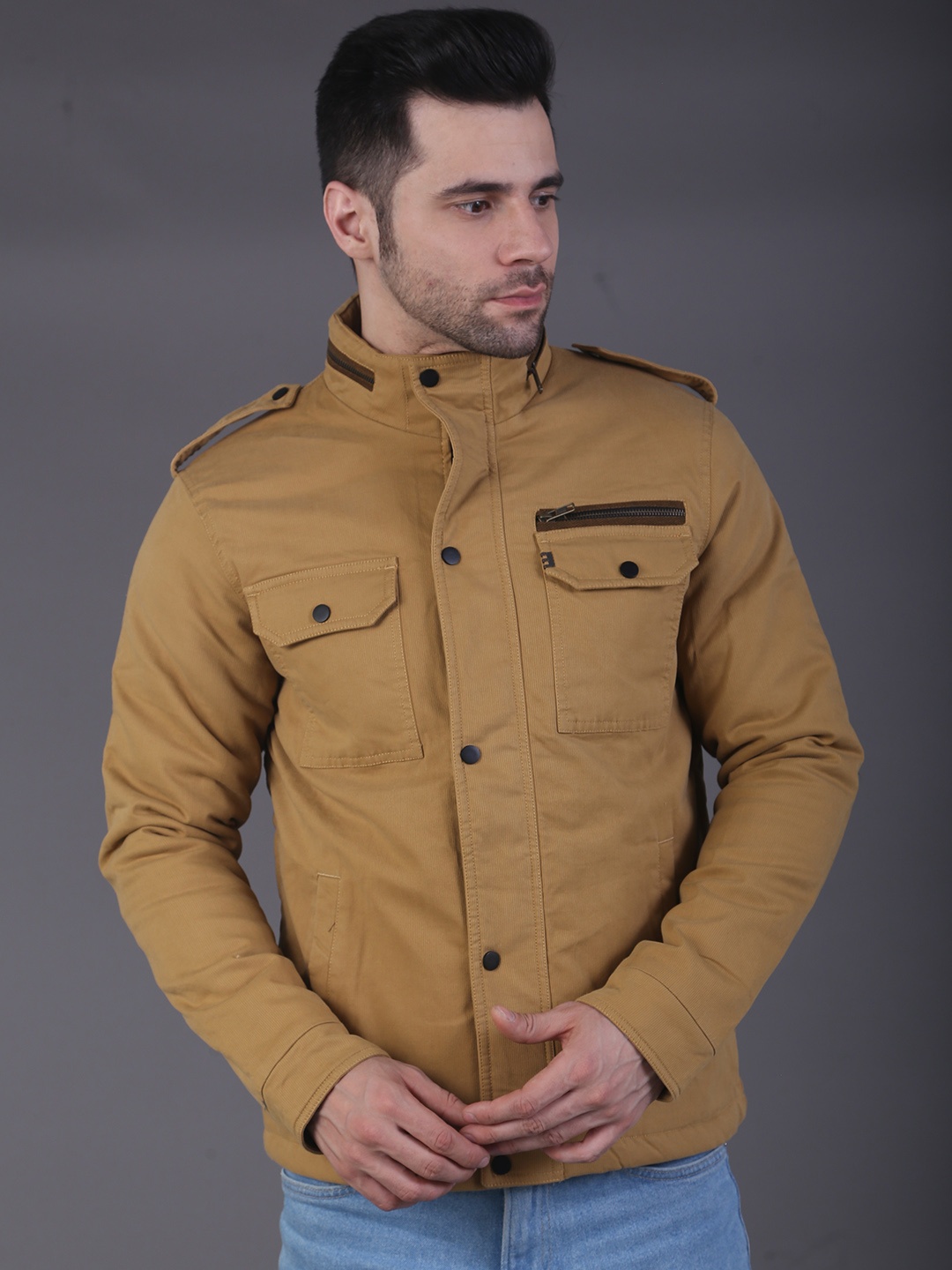 

SQUIREHOOD Mock Collar Shoulder Tabs Cotton Tailored Jacket, Khaki