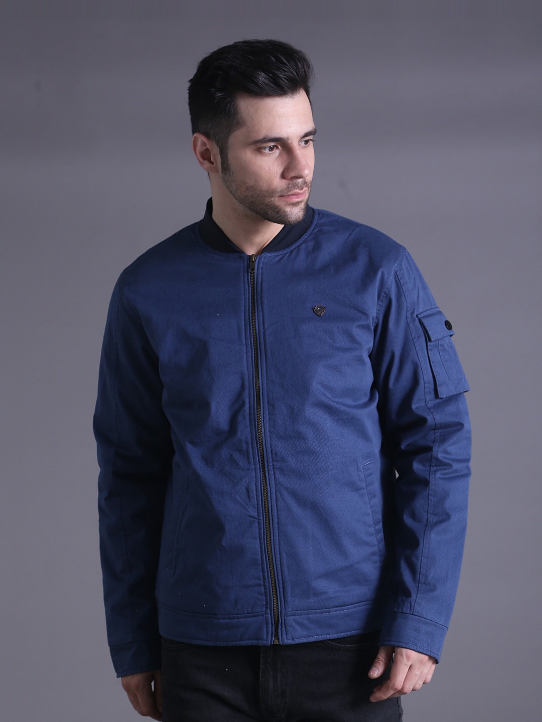 

SQUIREHOOD Stand Collar Cotton Slim Fit Bomber Jacket, Blue