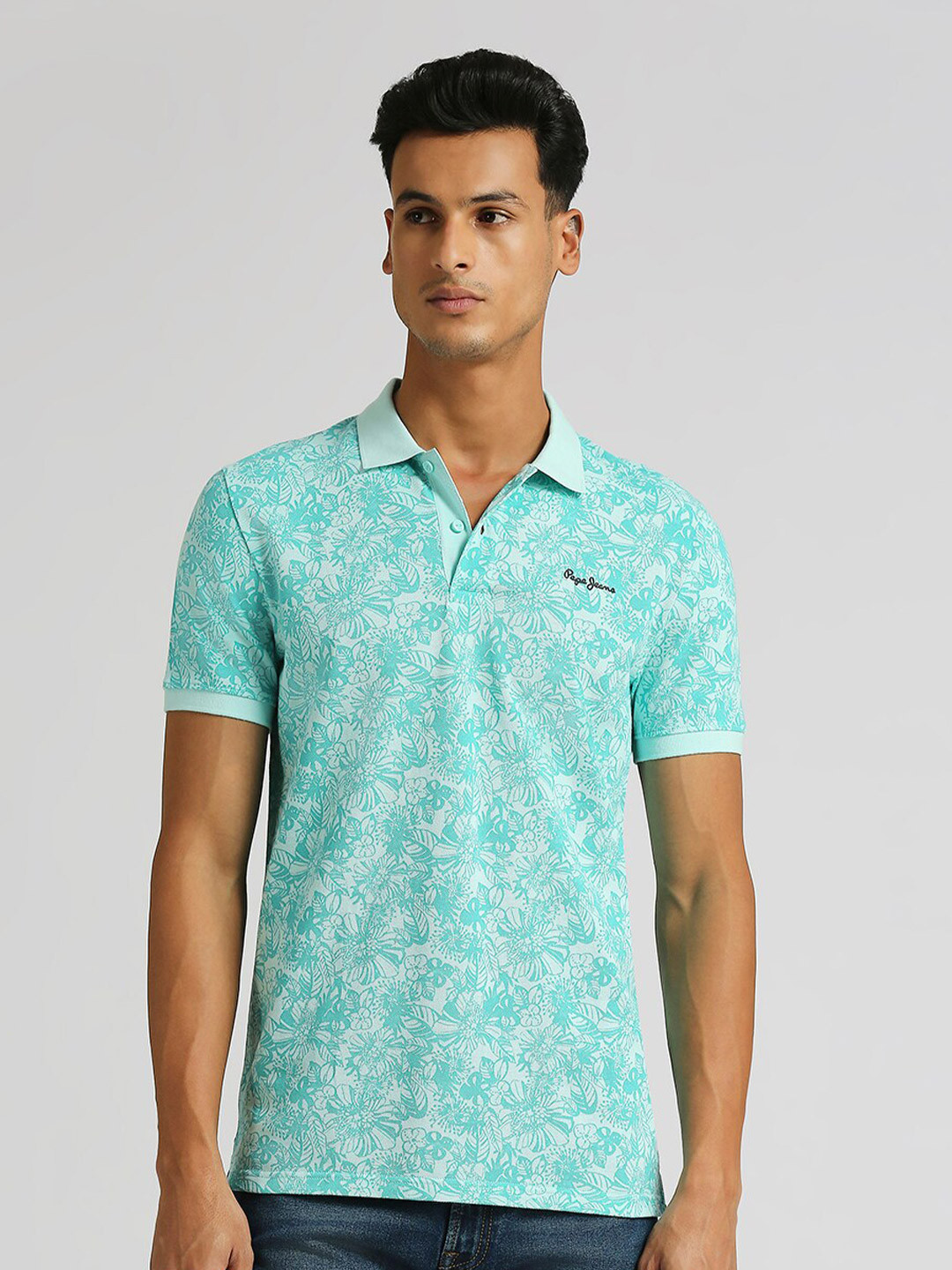

Pepe Jeans Richmond Floral Printed Polo Collar Pure Cotton T-shirt, Sea green