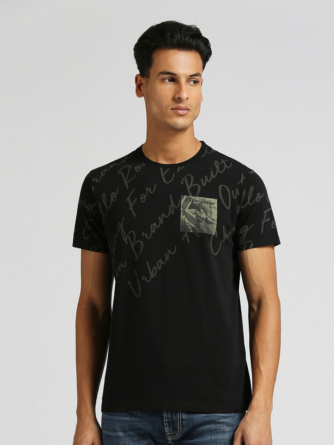 Pepe Jeans Vanko Union Typography Printed Pure Cotton Slim Fit T-shirt, Black