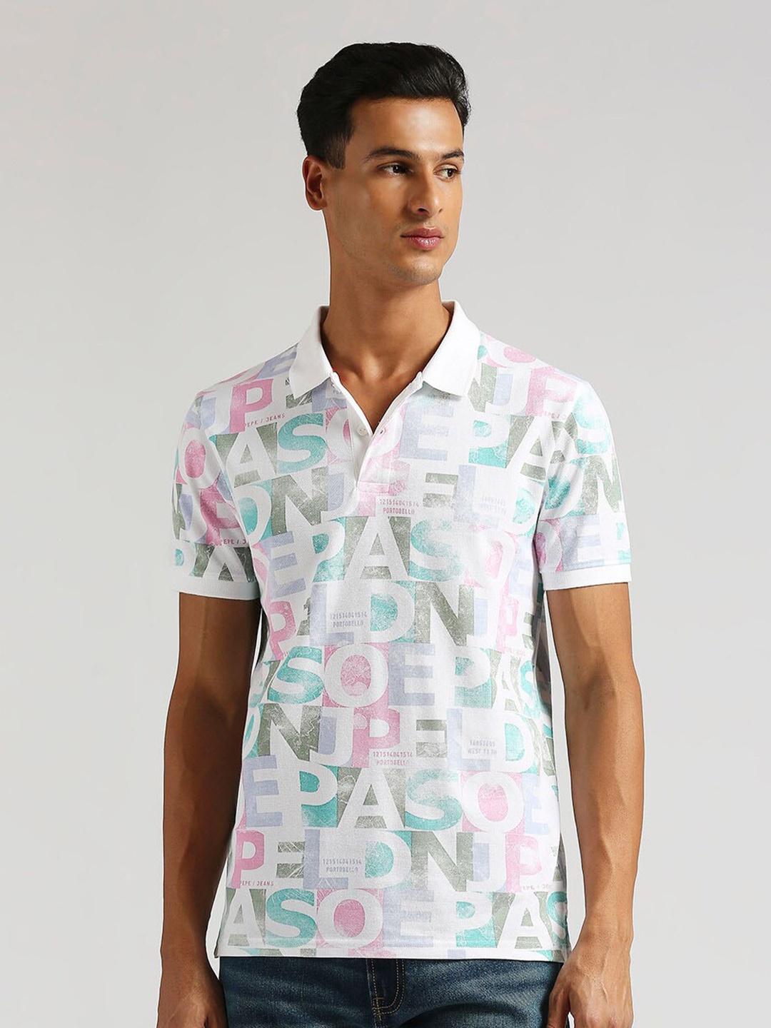 

Pepe Jeans Rainbow Typography Printed Polo Collar Pure Cotton T-shirt, White