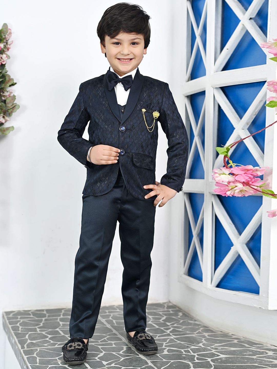 

BT DEZINES Boys Single-Breasted Satin Five-Piece Party Suit, Navy blue