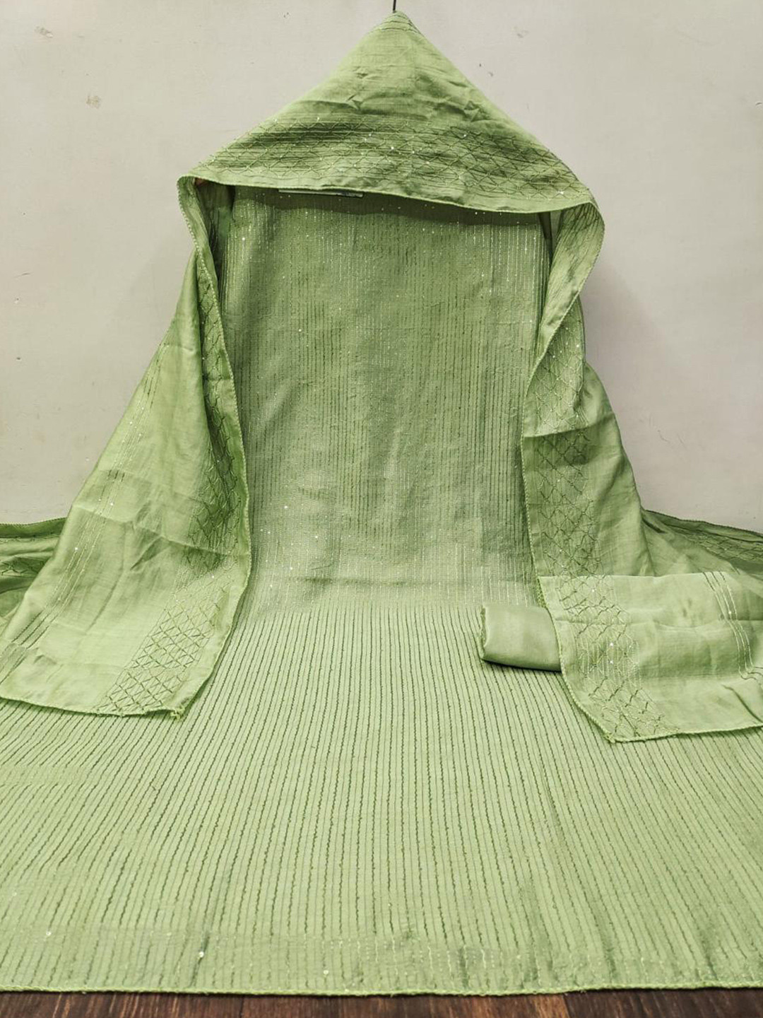 

mimi design Striped Sequined Unstitched Dress Material, Lime green