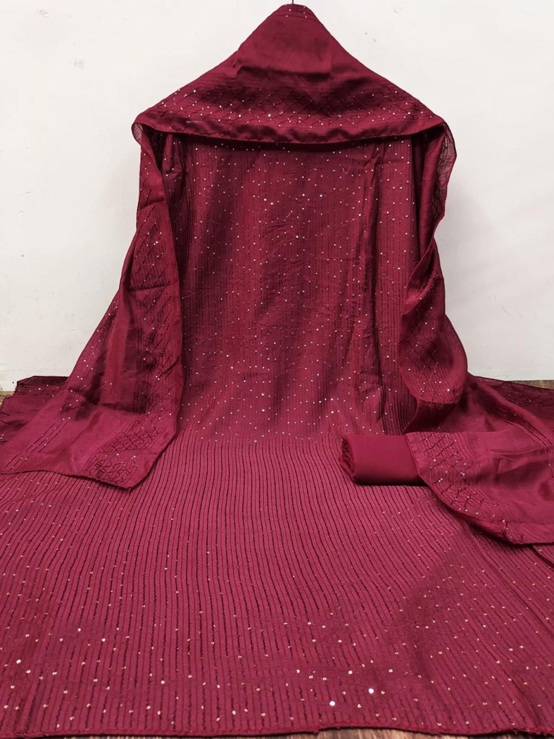 

mimi design Striped Sequined Unstitched Dress Material, Maroon