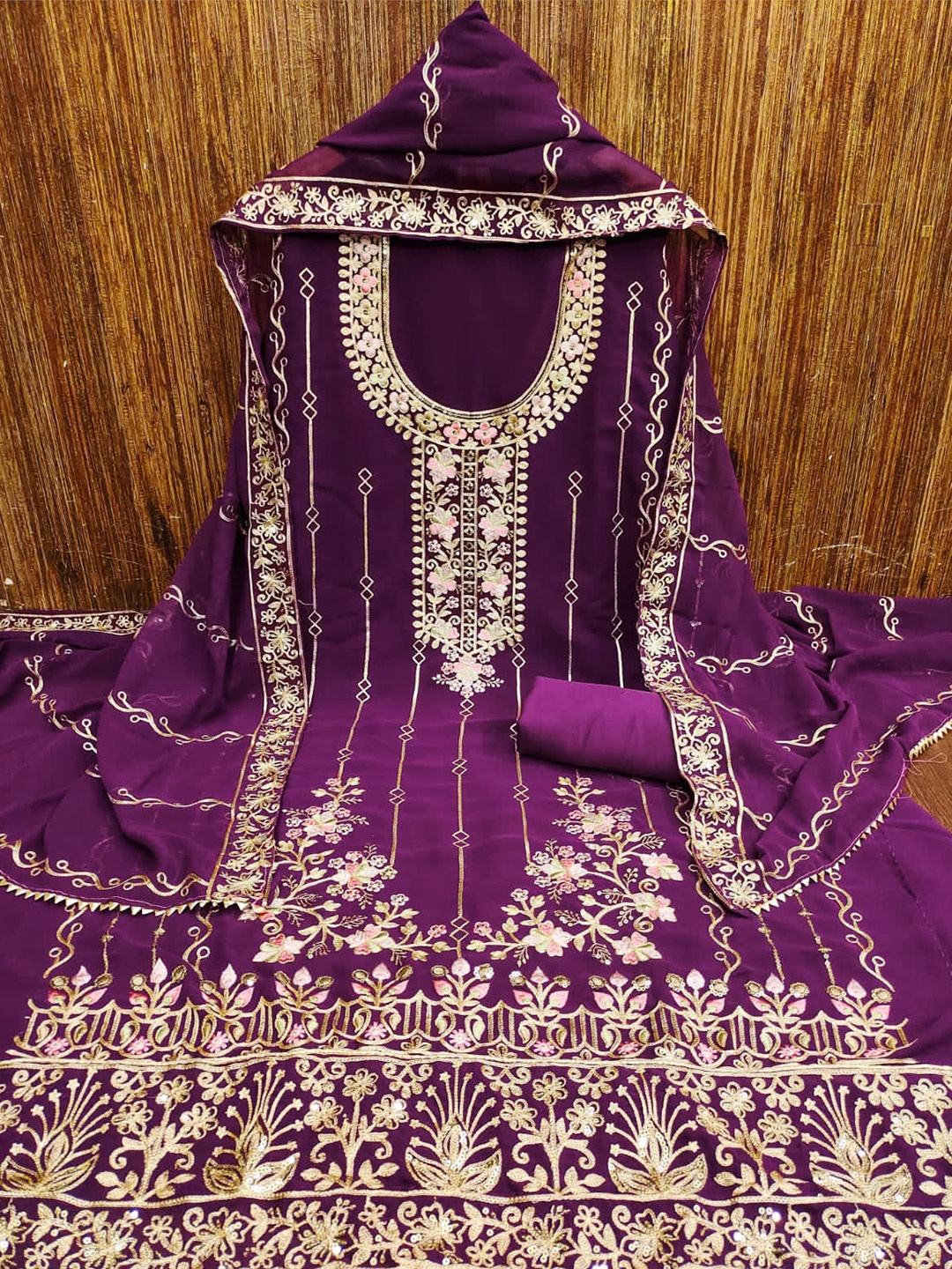 

mimi design Embroidered Unstitched Dress Material, Purple
