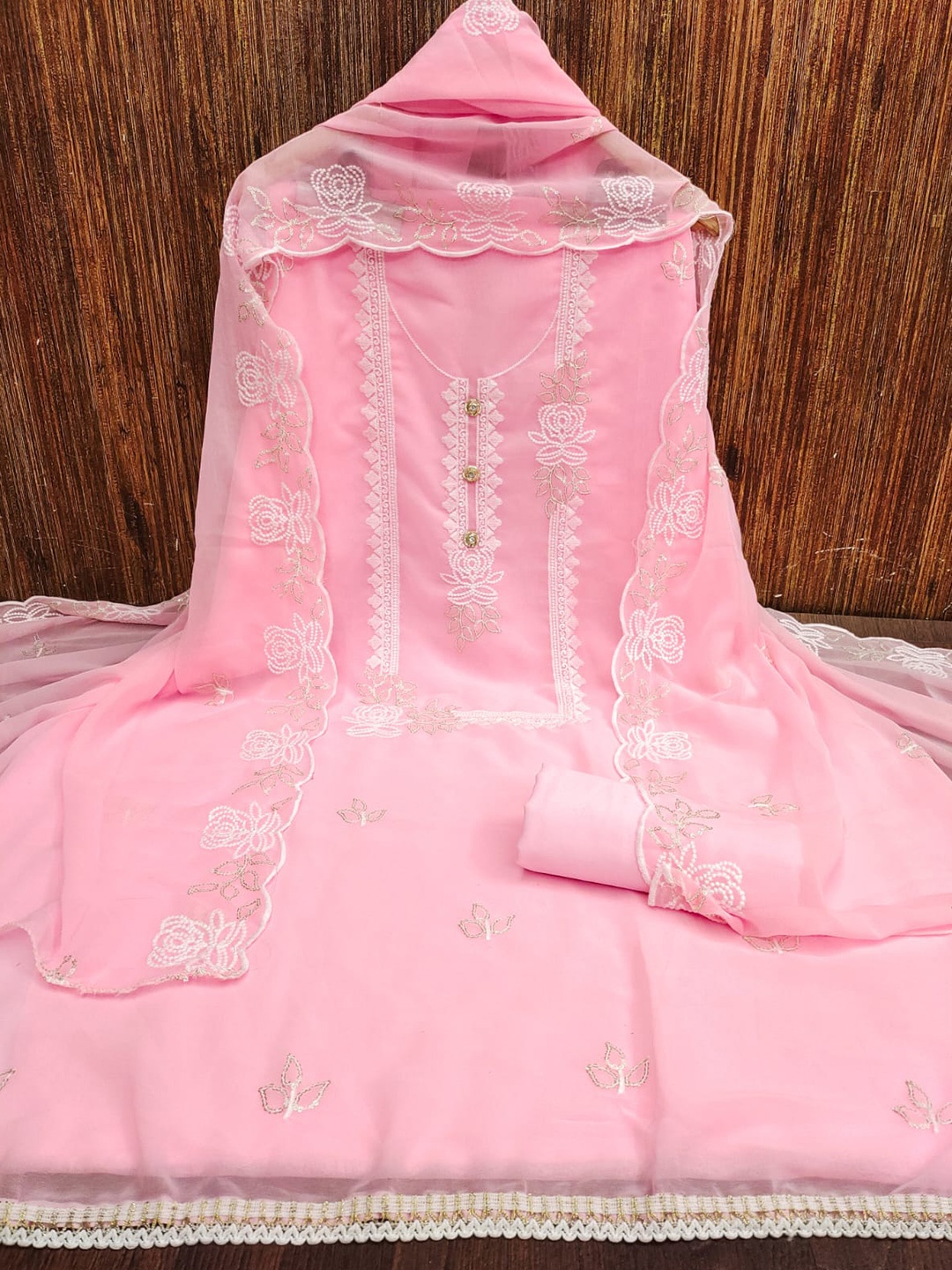 

mimi design Floral Embroidered Unstitched Dress Material, Pink
