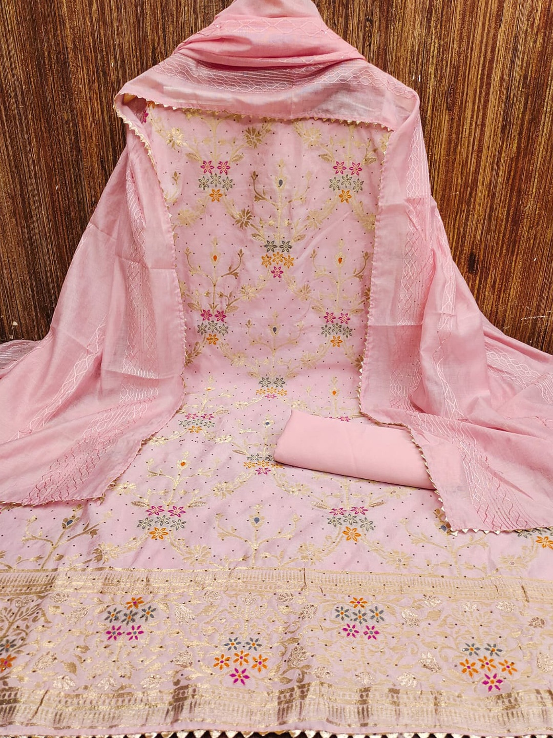 

mimi design Embroidered Zari Unstitched Dress Material, Pink