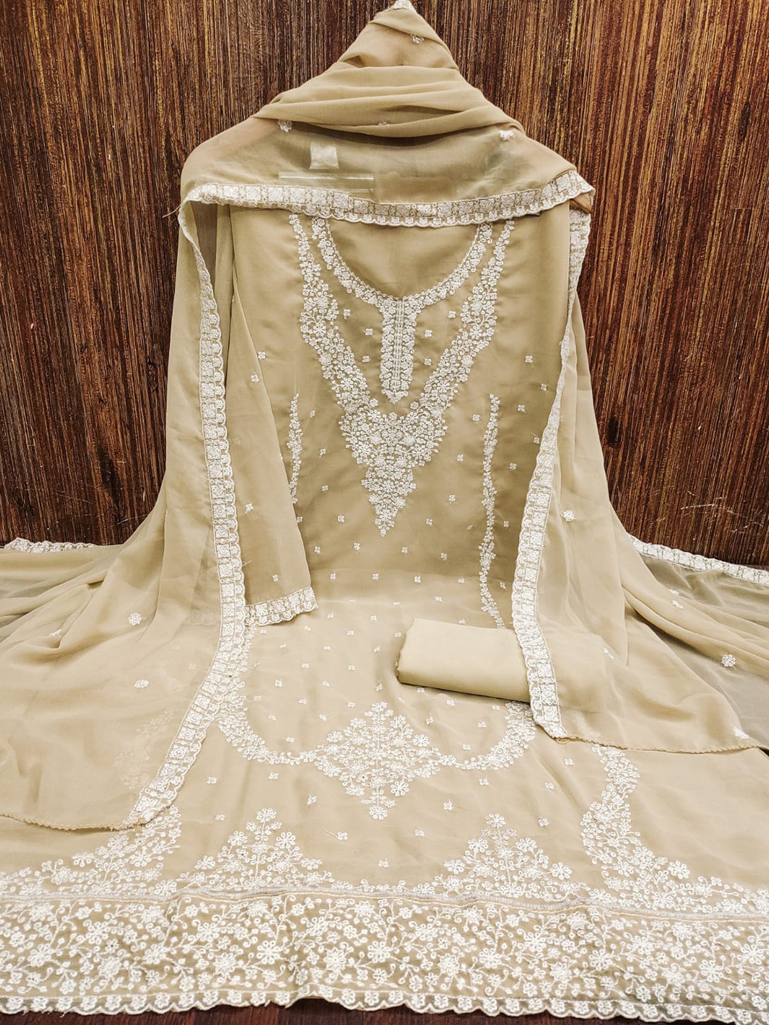 

mimi design Ethnic Motifs Embroidered Thread Work Detailed Unstitched Dress Material, Cream