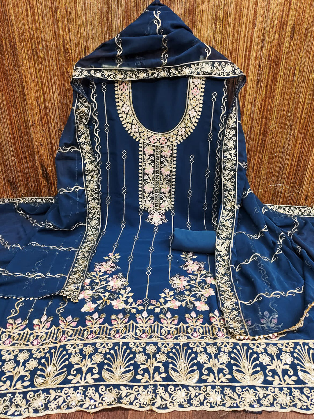 

mimi design Embroidered Unstitched Dress Material, Blue