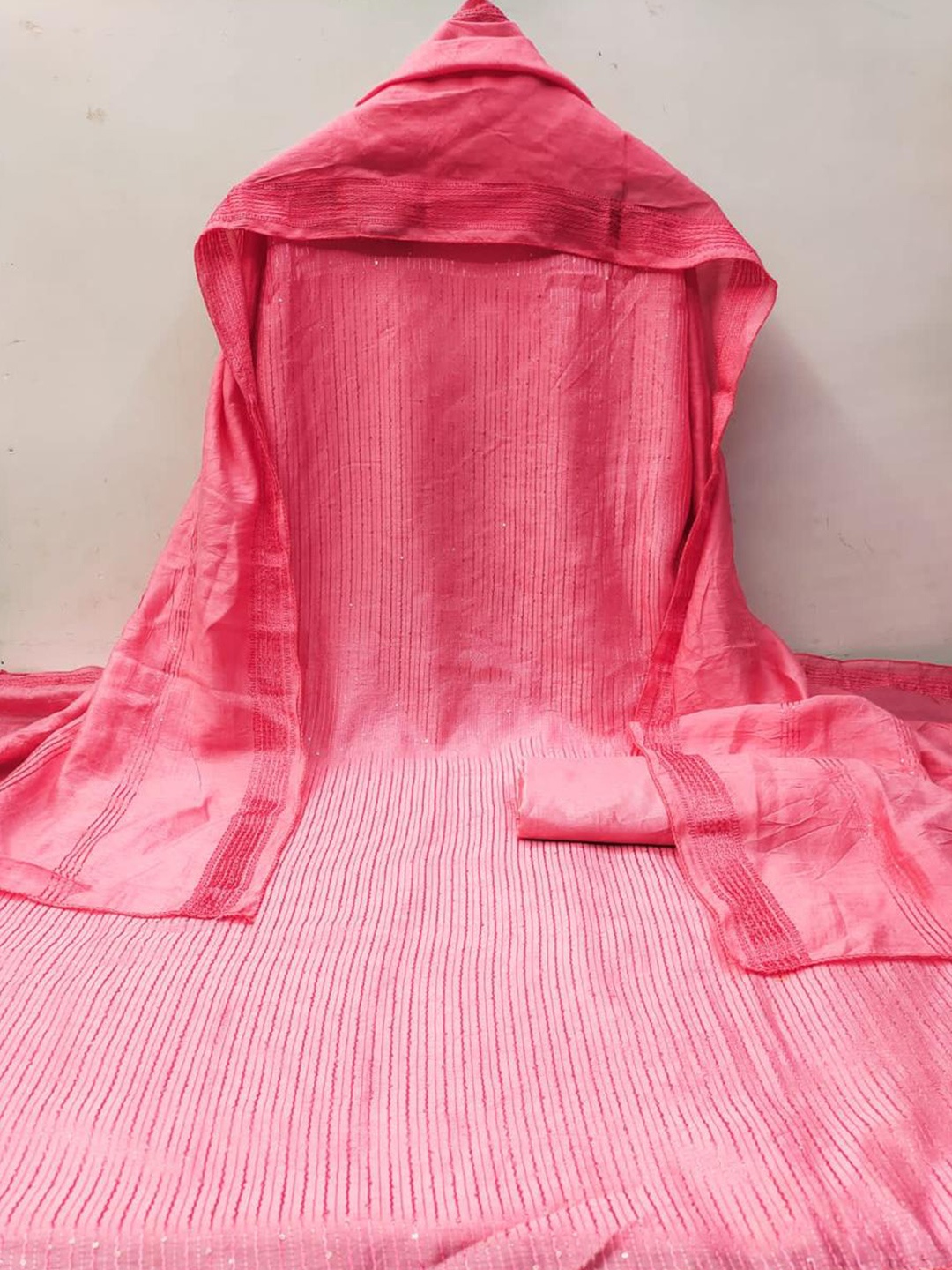 

mimi design Striped Embellished Sequinned Unstitched Dress Material, Pink