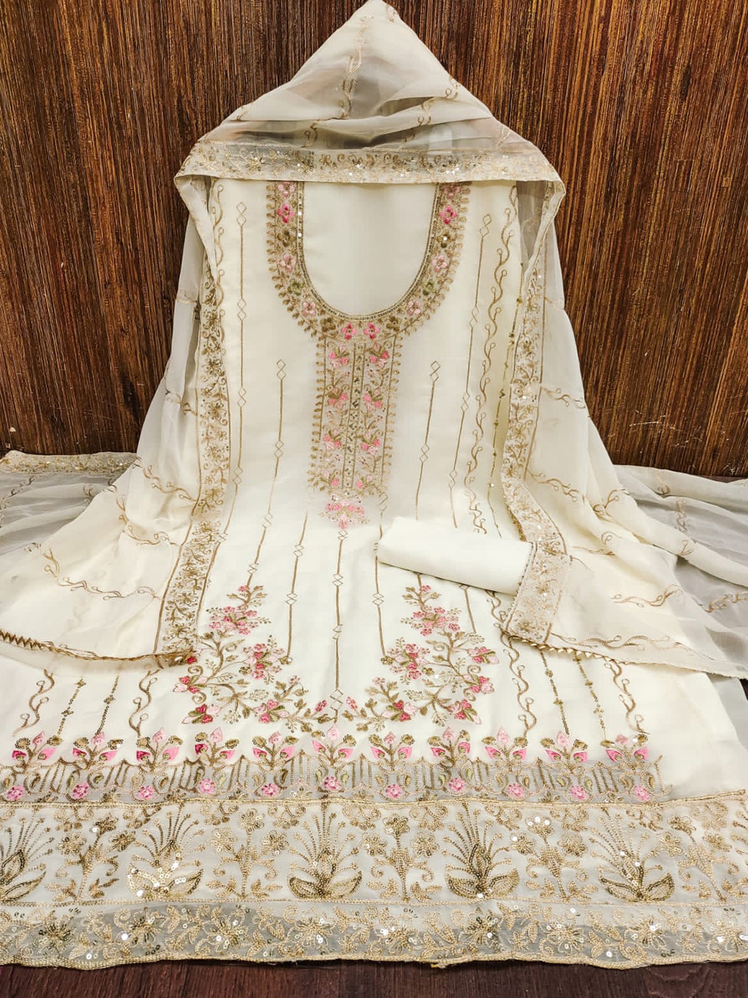 

mimi design Floral Embroidered Unstitched Dress Material, White