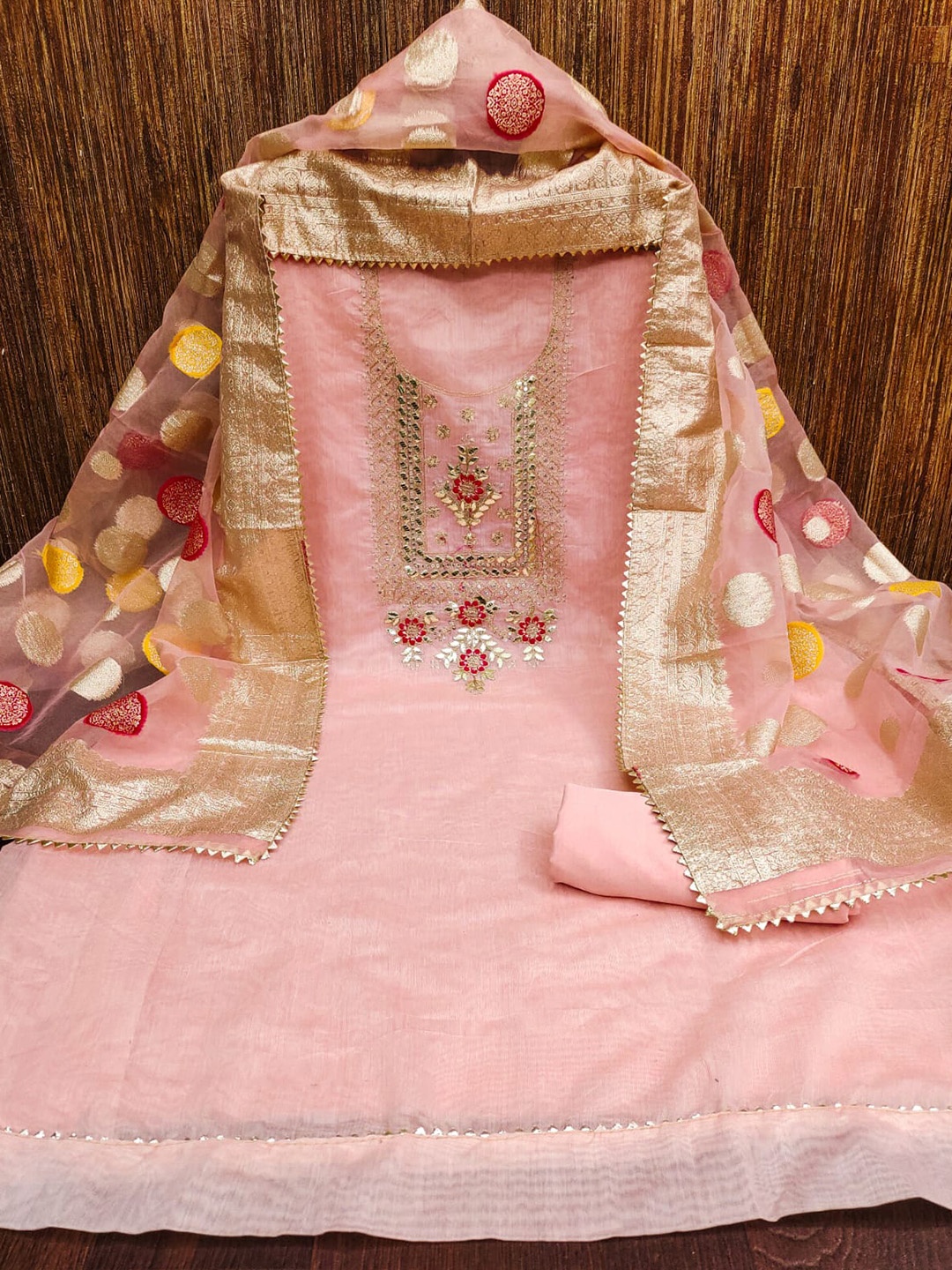 

mimi design Floral Embroidered Unstitched Dress Material, Pink