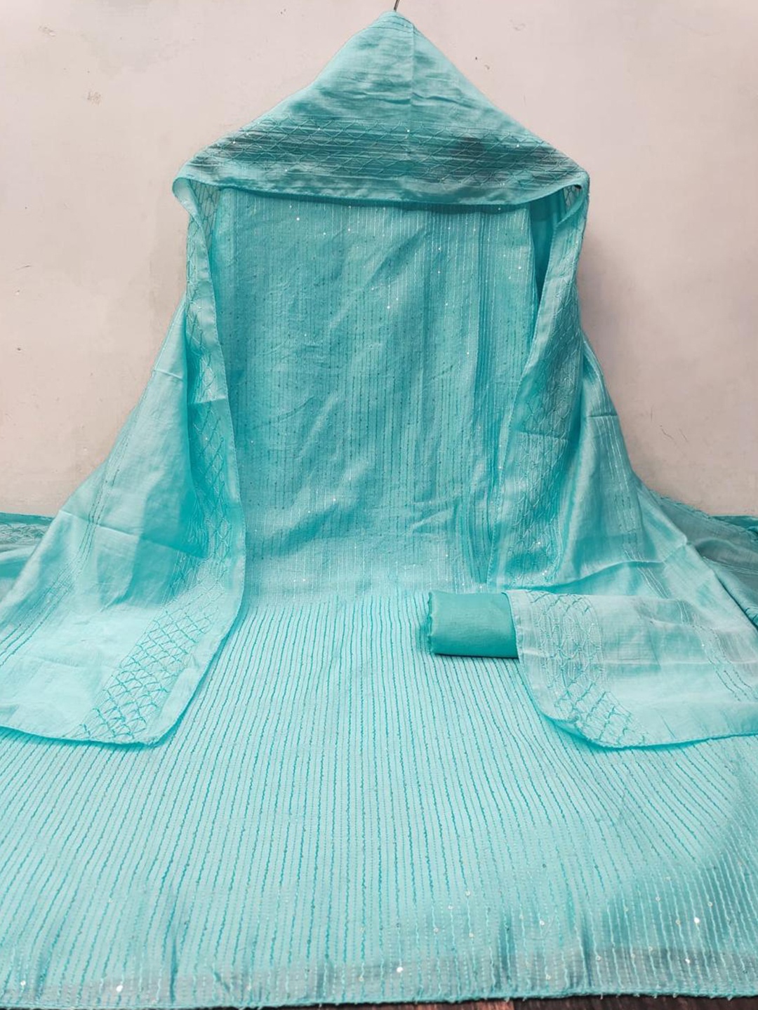 

mimi design Sequinned Unstitched Dress Material, Turquoise blue