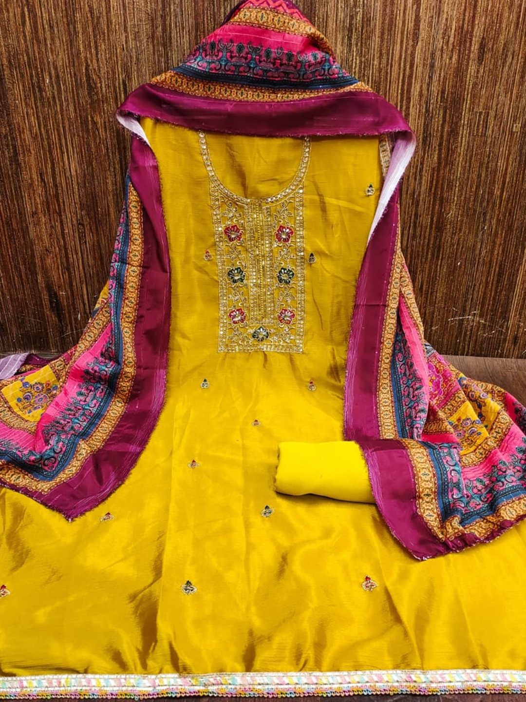 

mimi design Embroidered Unstitched Dress Material, Yellow