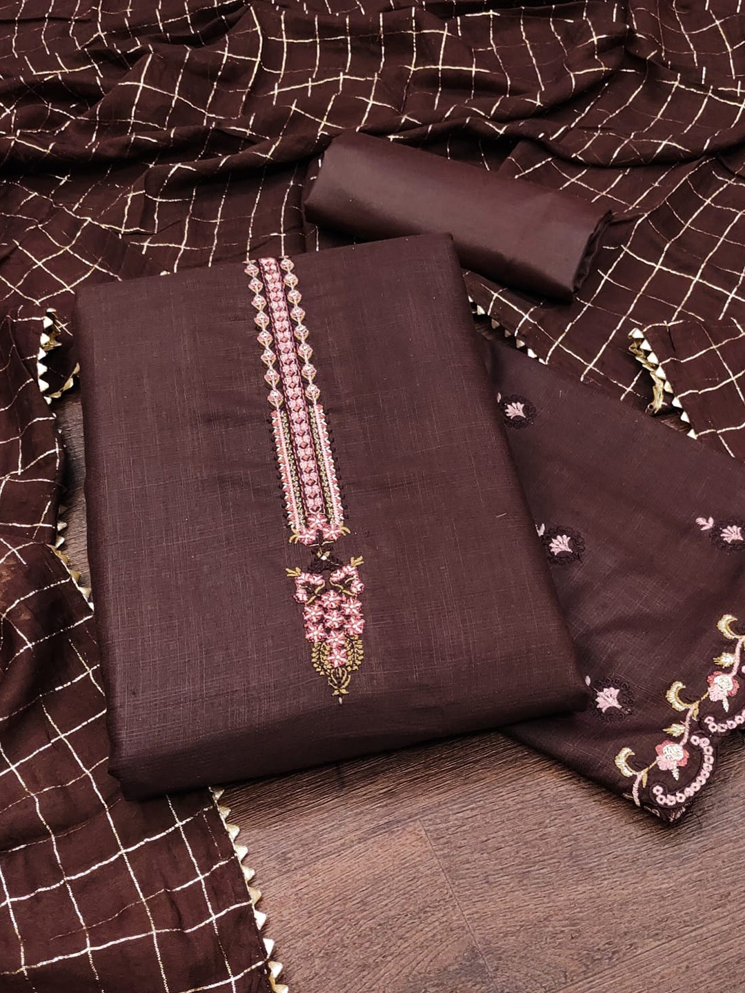 

mimi design Ethnic Motifs Embroidered Jute Cotton Unstitched Dress Material, Brown