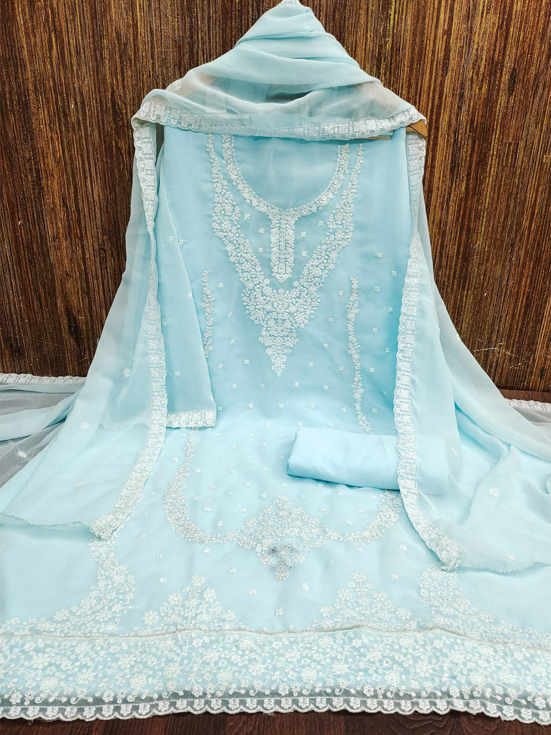 

mimi design Floral Embroidered Unstitched Dress Material, Turquoise blue