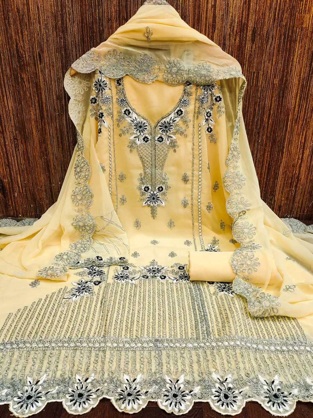 

mimi design Floral Embroidered Unstitched Dress Material, Yellow