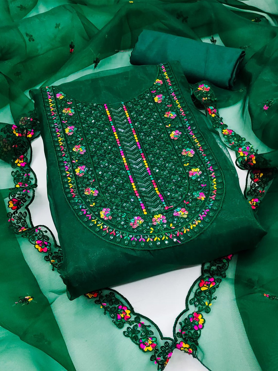 

mimi design Organza Embroidered Unstitched Dress Material, Green
