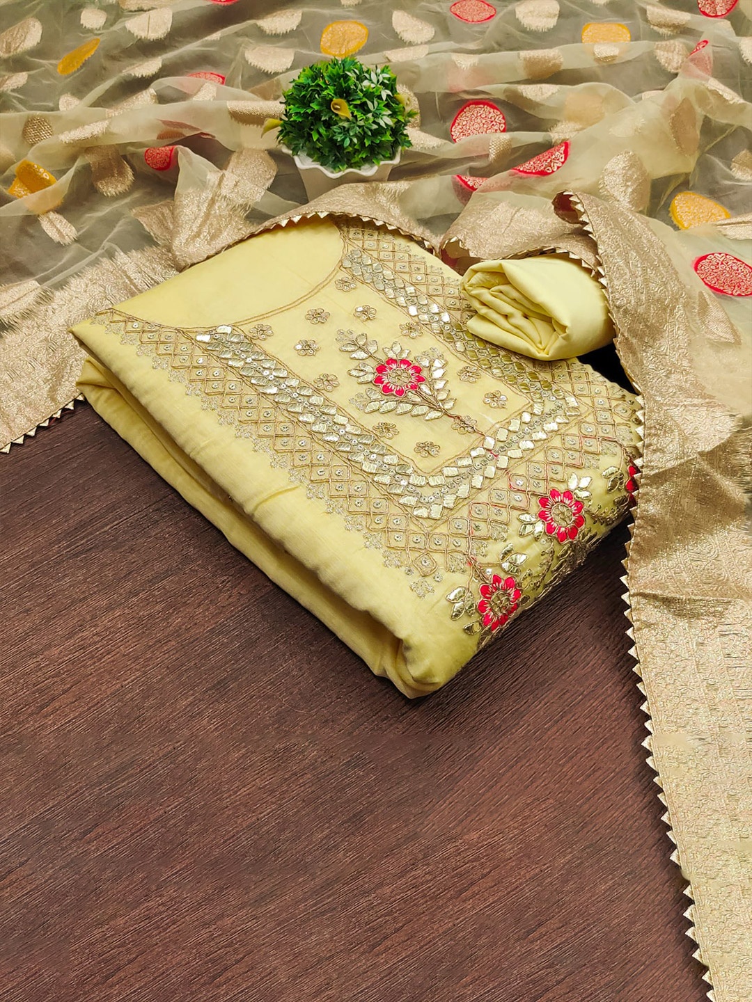

mimi design Floral Yoke Designed Mirror Work Unstitched Dress Material, Yellow