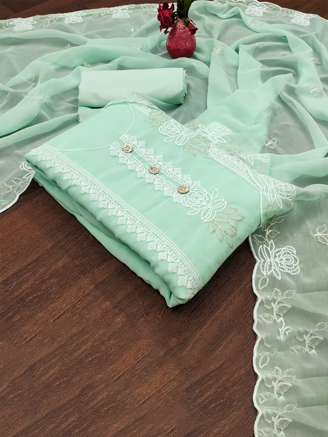 

mimi design Floral Embroidered Unstitched Dress Material, Turquoise blue