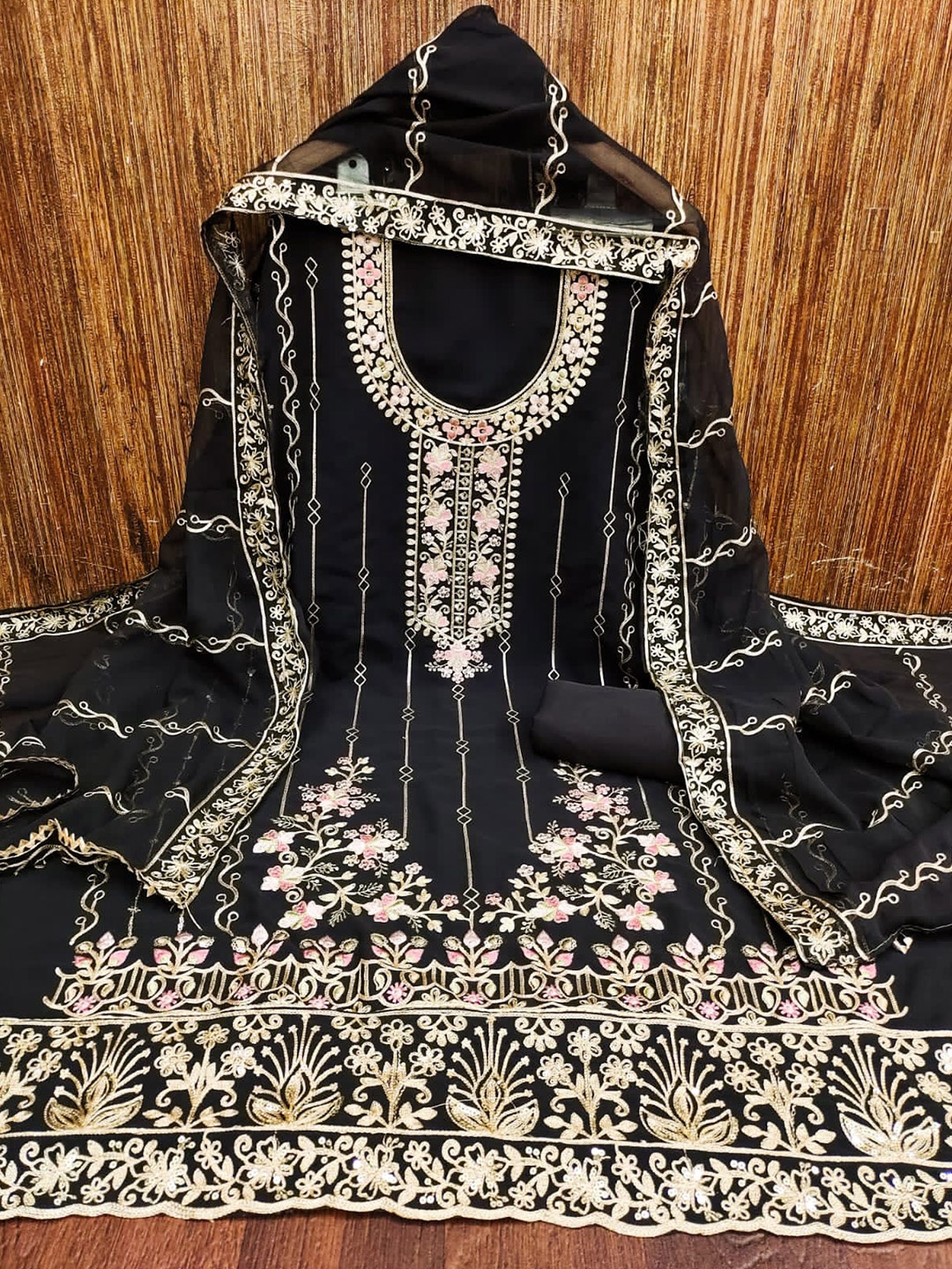

mimi design Ethnic Motifs Embroidered Unstitched Dress Material, Black