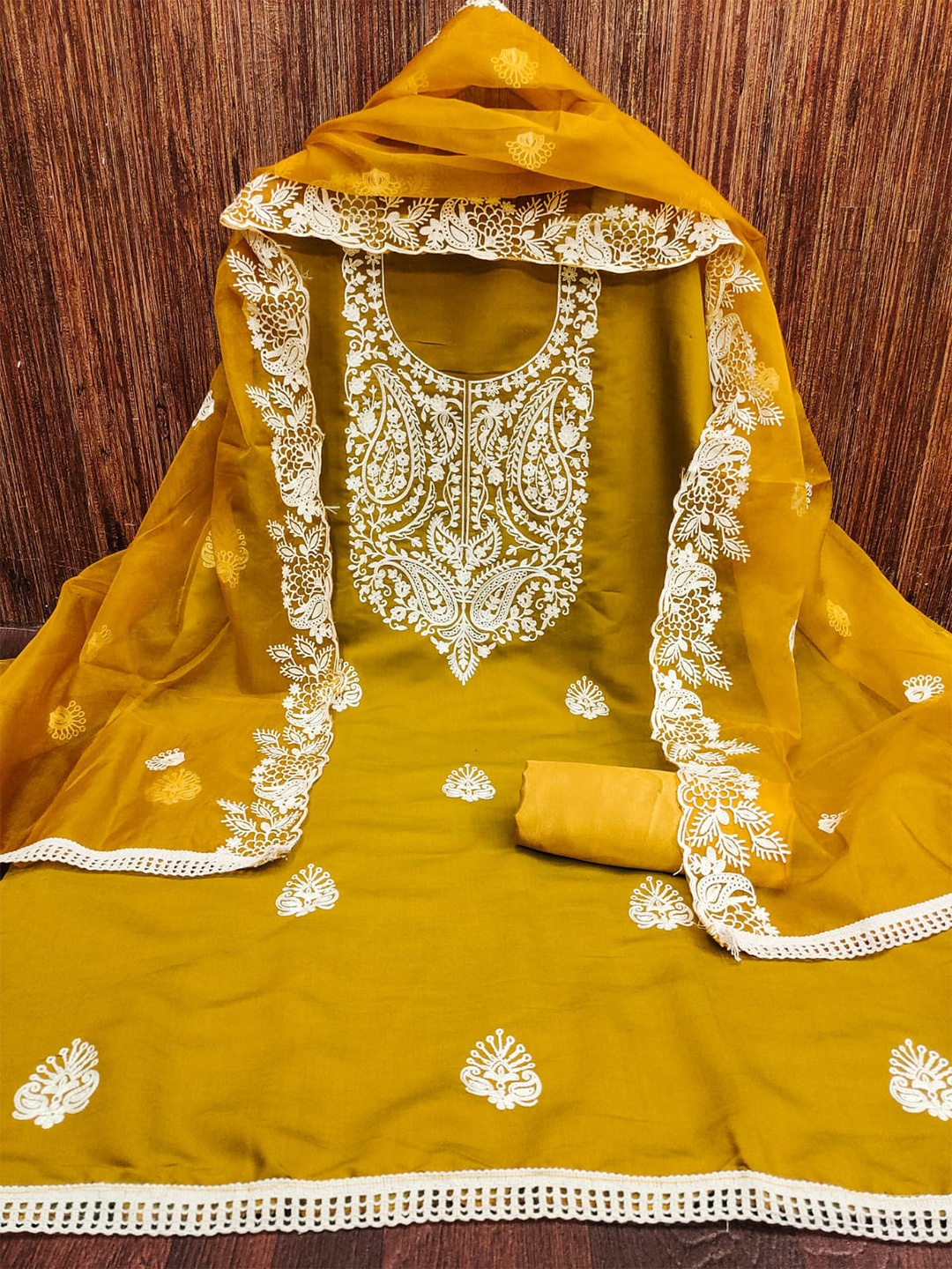

mimi design Embroidered Unstitched Dress Material, Yellow