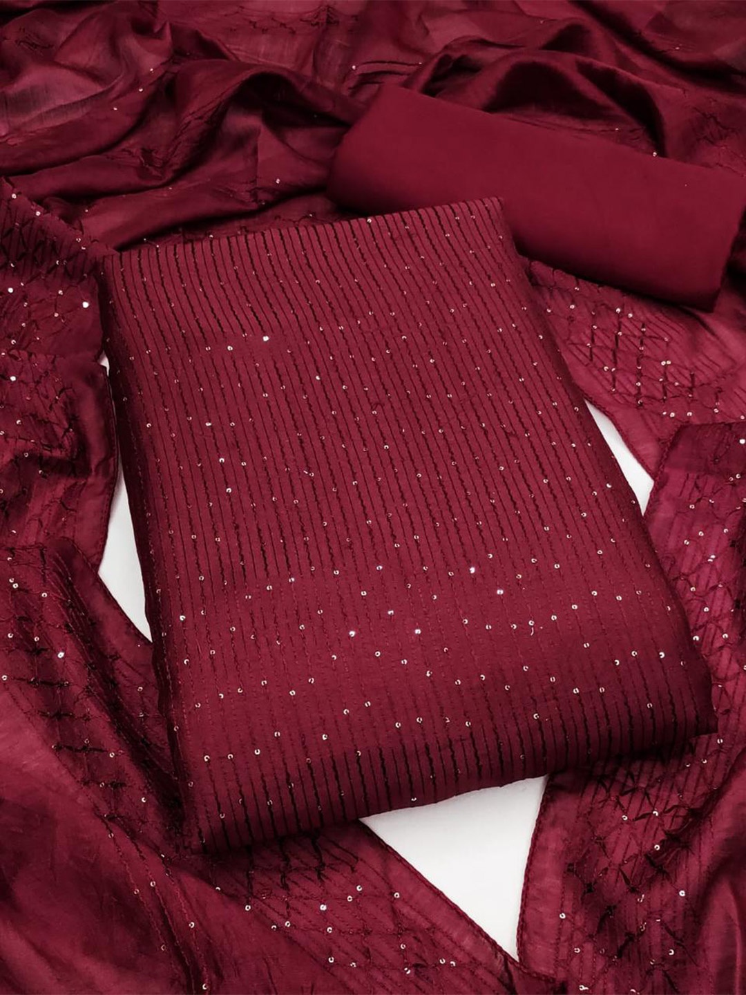 

mimi design Sequinned Unstitched Dress Material, Red
