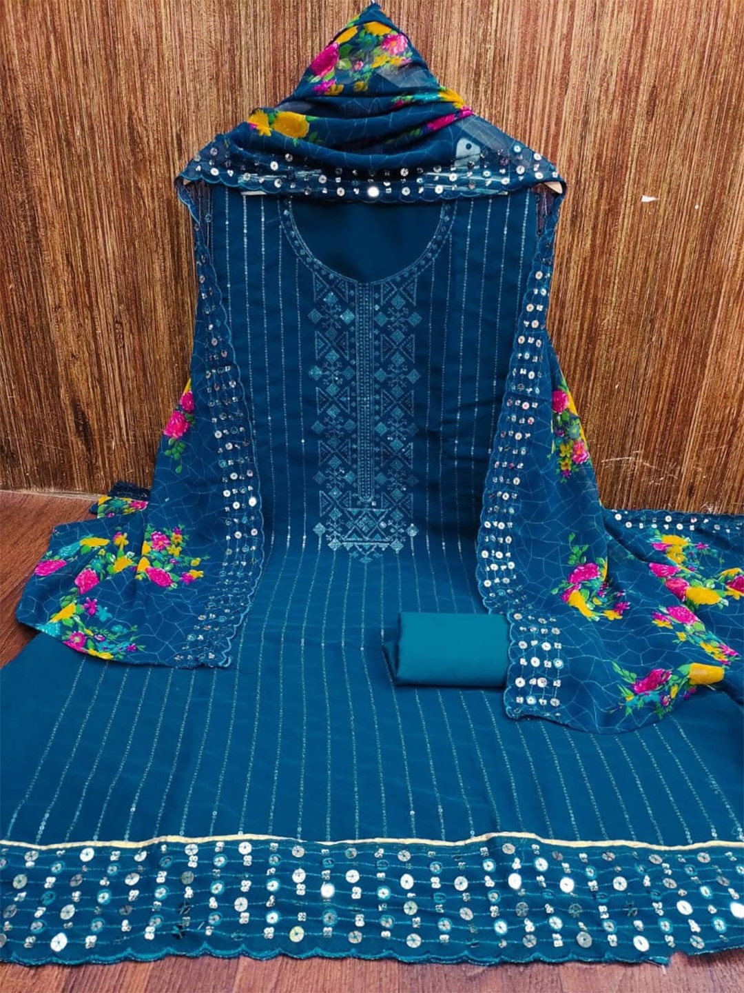 

mimi design Ethnic Motifs Embroidered Sequinned Unstitched Dress Material, Blue