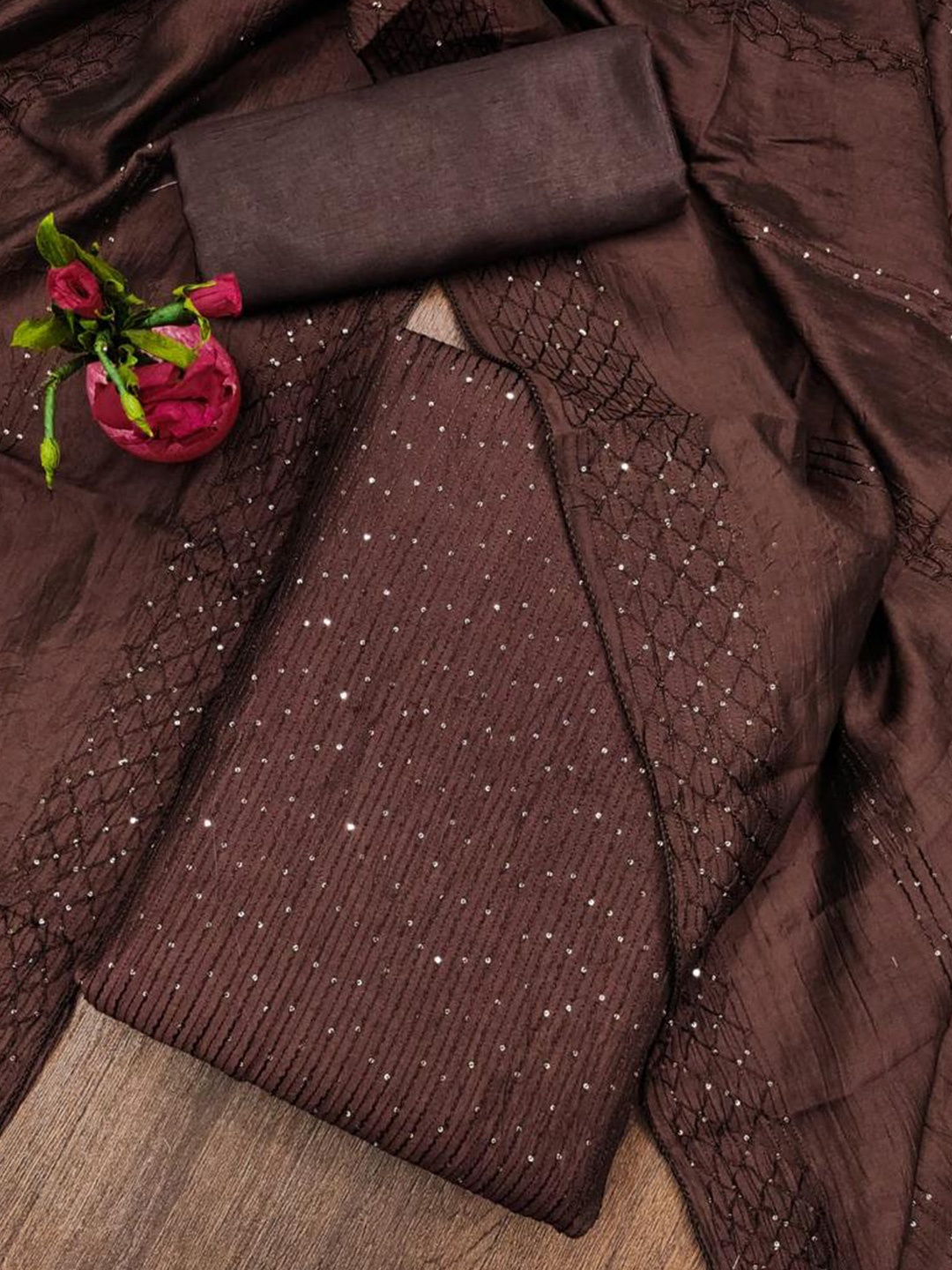 

mimi design Embellished Unstitched Dress Material, Brown