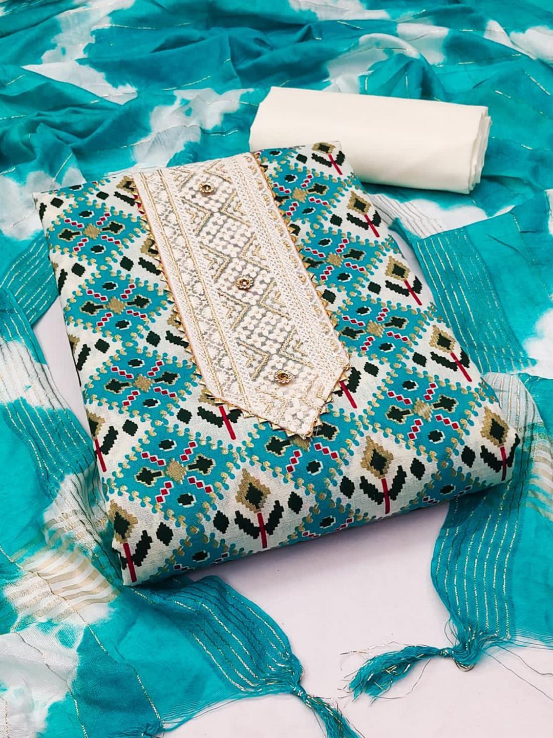 

mimi design Geometric Printed Jute Cotton Unstitched Dress Material With Gotta Patti, Turquoise blue