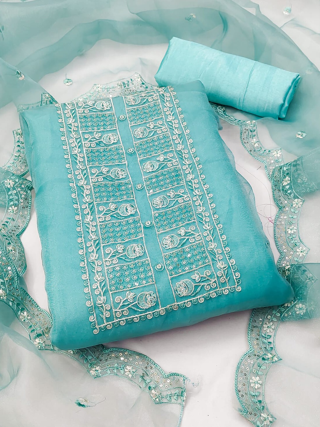 

mimi design Floral Embroidered Unstitched Dress Material, Turquoise blue