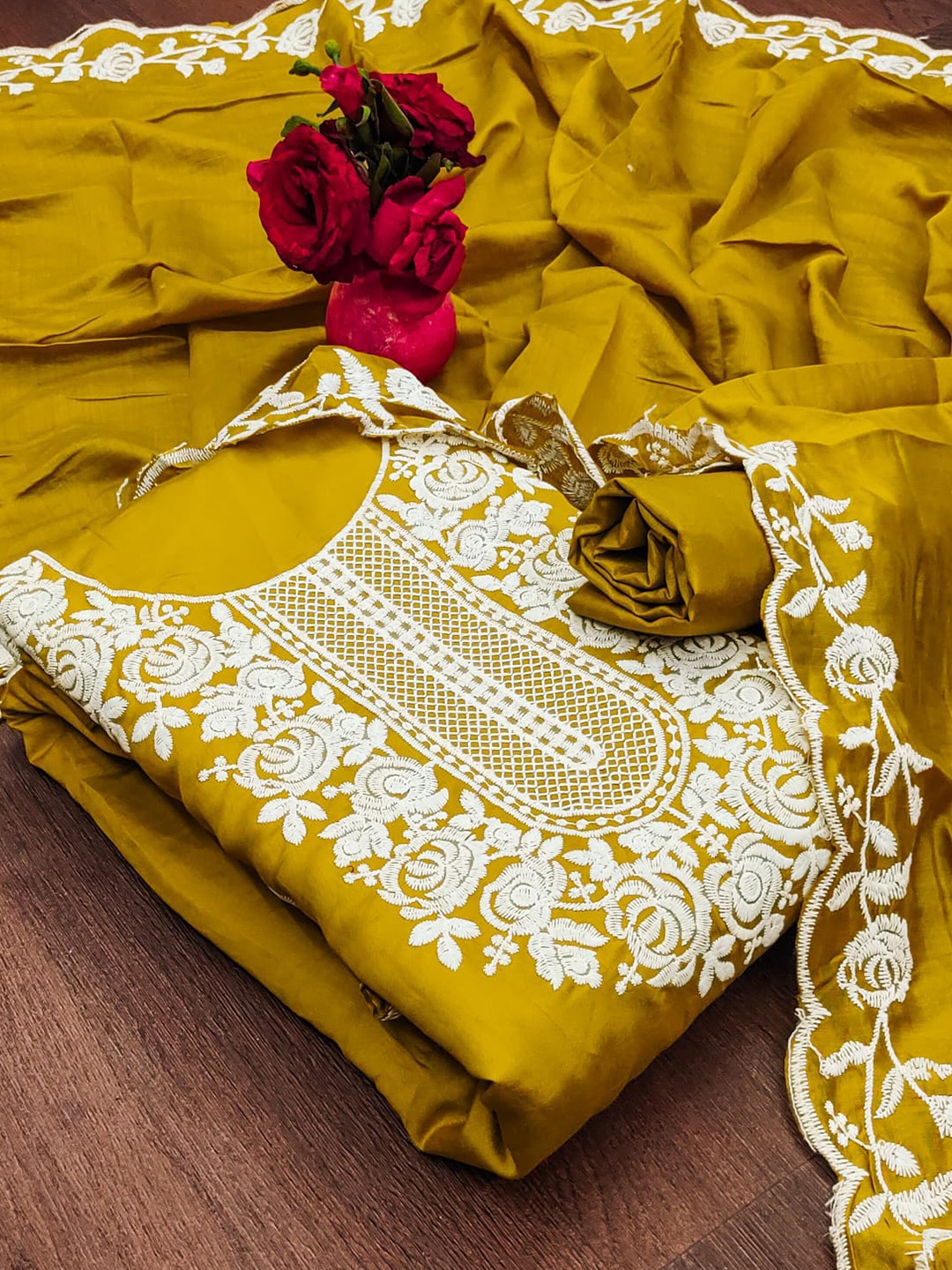 

mimi design Ethnic Motifs Embroidered Thread Work Detailed Unstitched Dress Material, Mustard