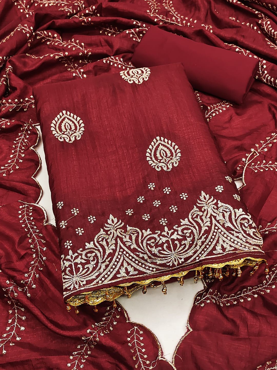 

mimi design Embroidered Unstitched Dress Material, Red