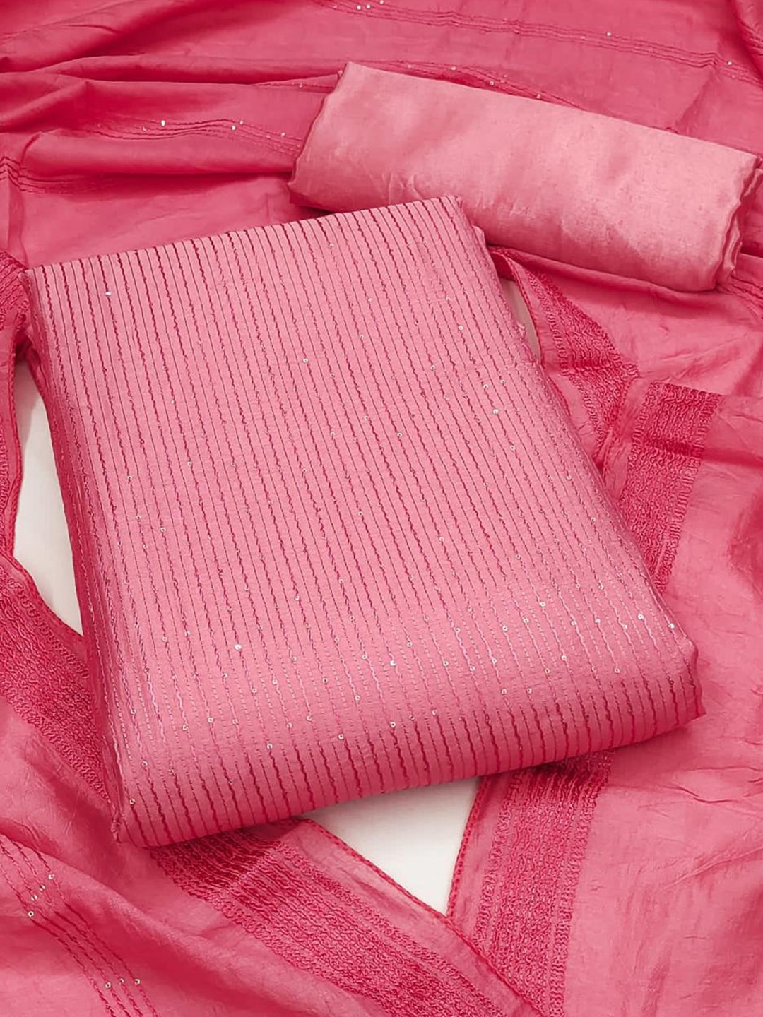 

mimi design Striped Sequined Unstitched Dress Material, Pink