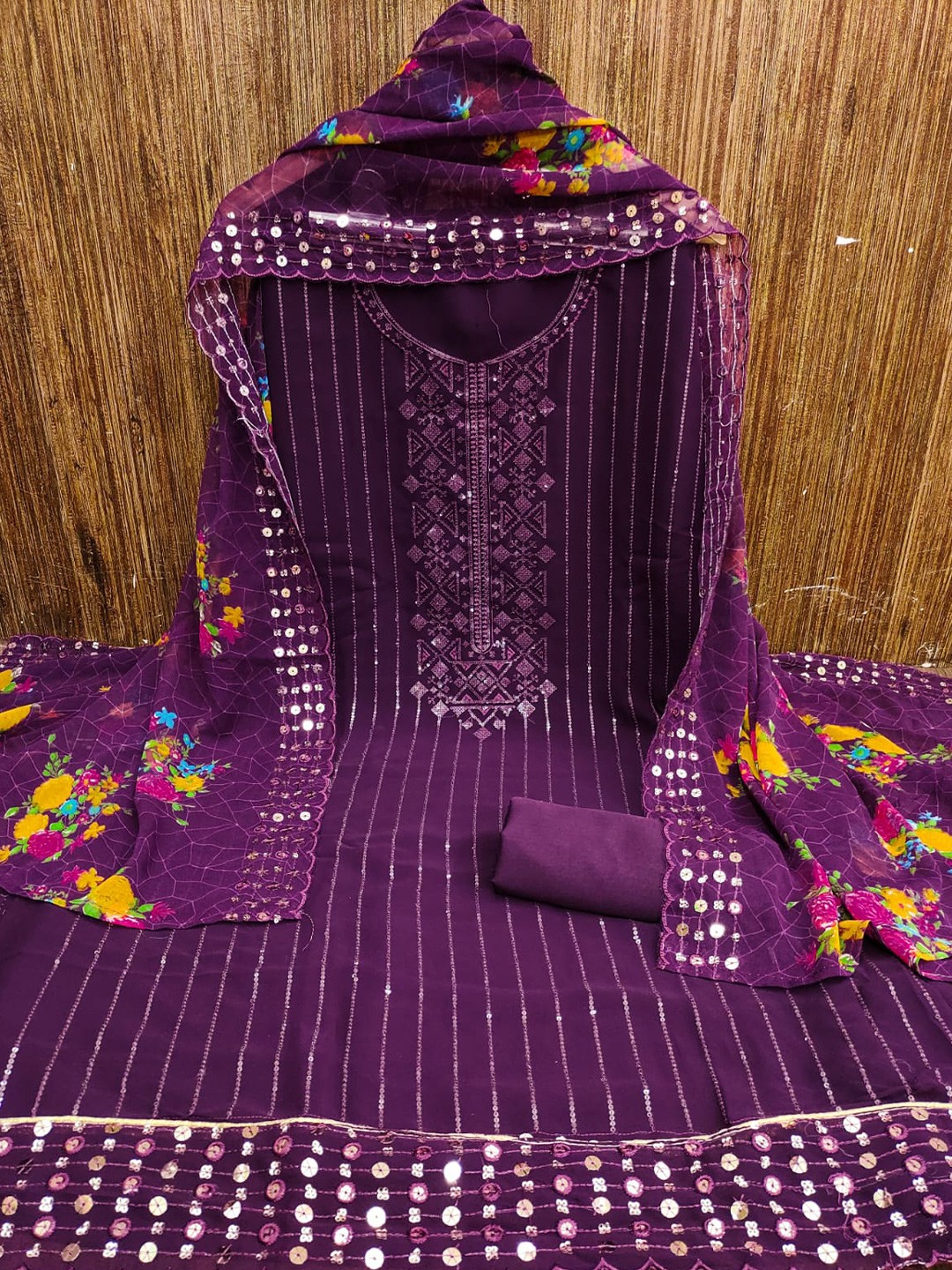 

mimi design Ethnic Motifs Embroidered Sequinned Unstitched Dress Material, Purple