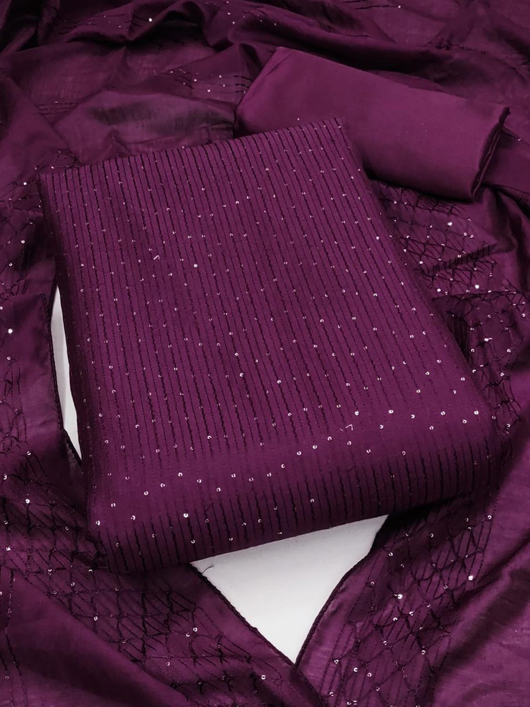 

mimi design Striped Sequinned Detailed Unstitched Dress Material, Purple