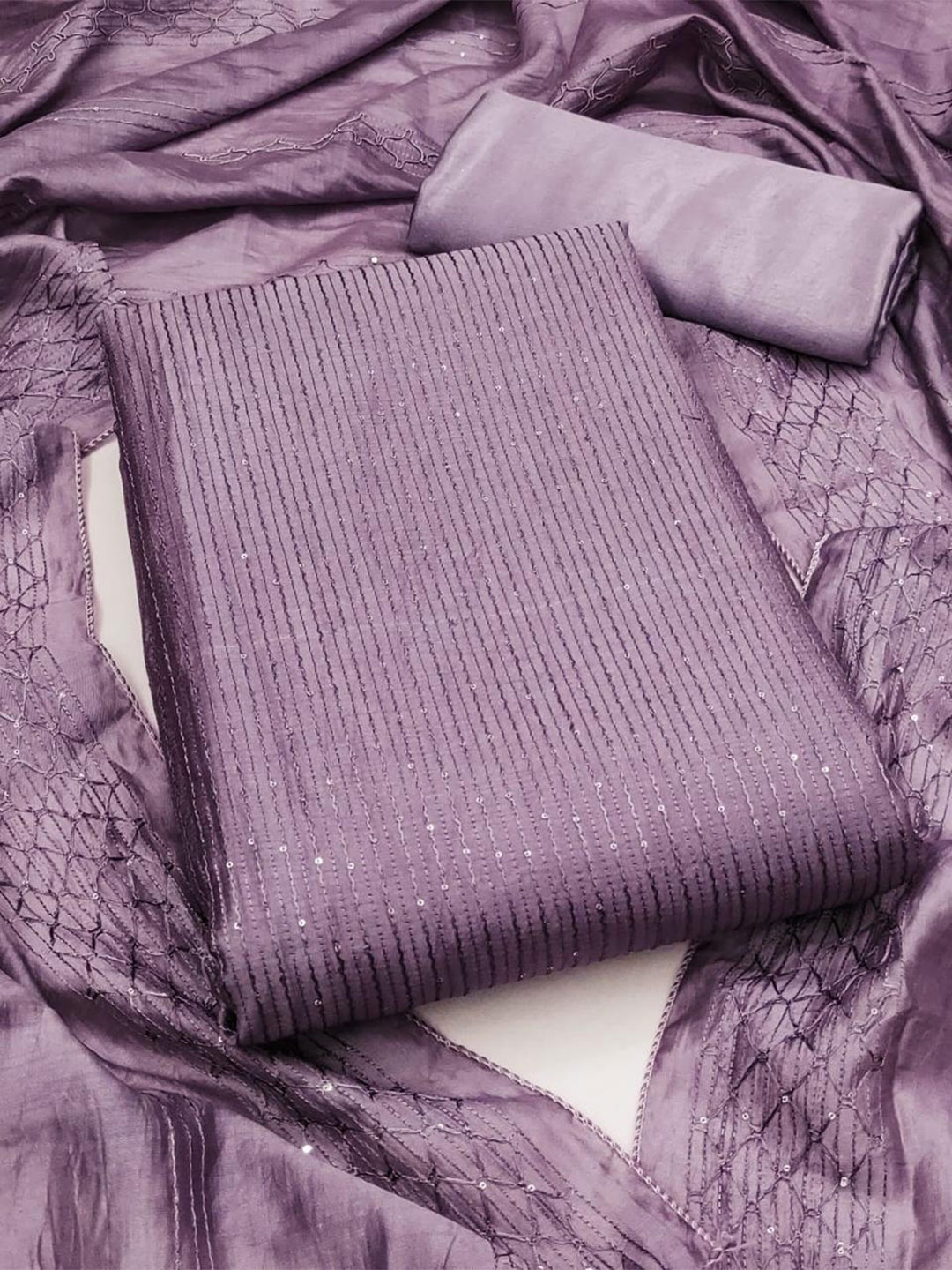 

mimi design Striped Embellished Sequinned Unstitched Dress Material, Mauve
