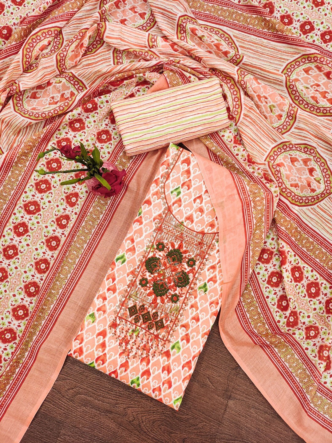 

mimi design Printed Jute Cotton Unstitched Dress Material, Orange